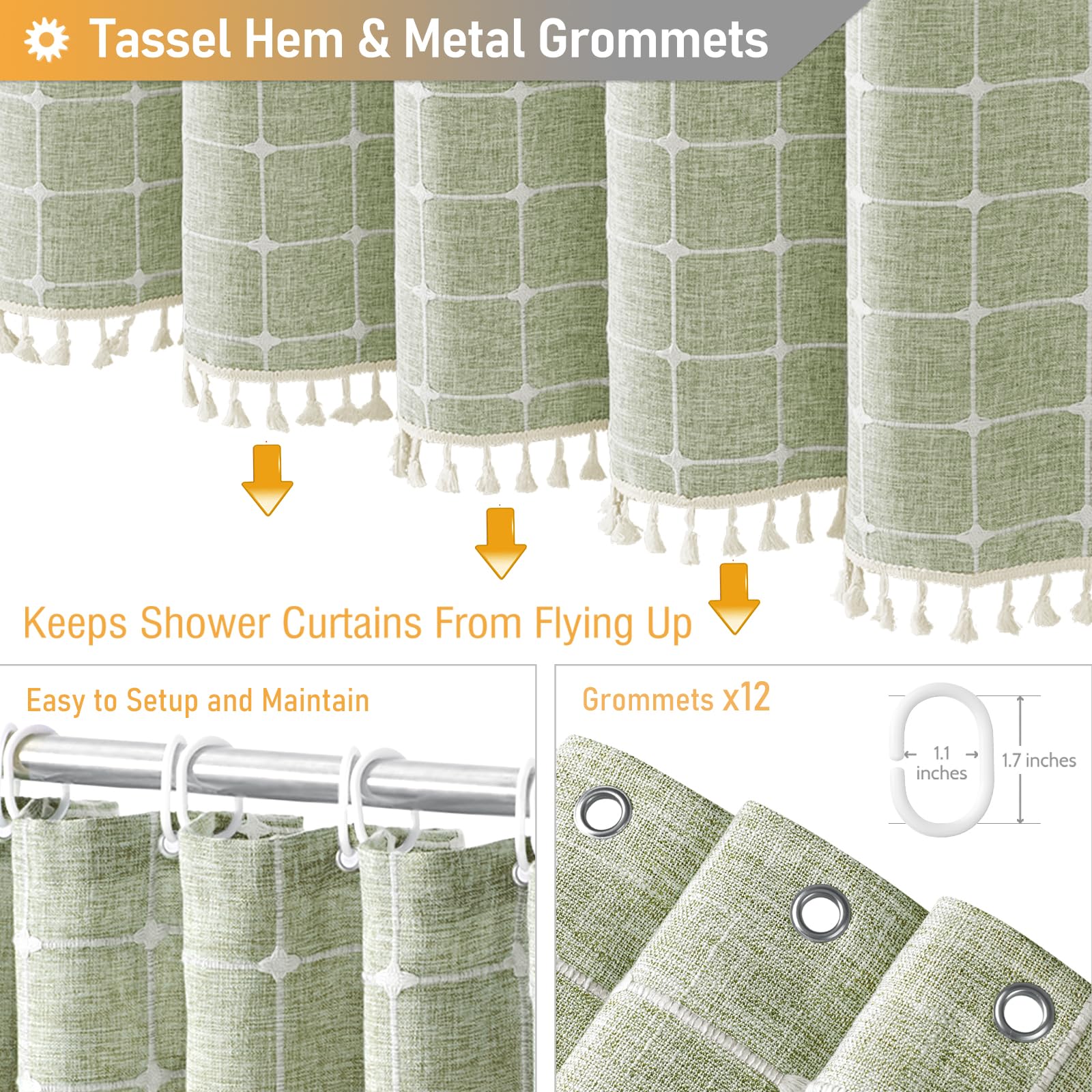 BTTN Boho Farmhouse Shower Curtain  Linen Rustic Heavy Duty Fabric Shower Curtain Set with Tassel  Water Repellent  Bohemian Vintage Country Thick Cloth Shower Curtains for Bathroom  Sage Green  72x72