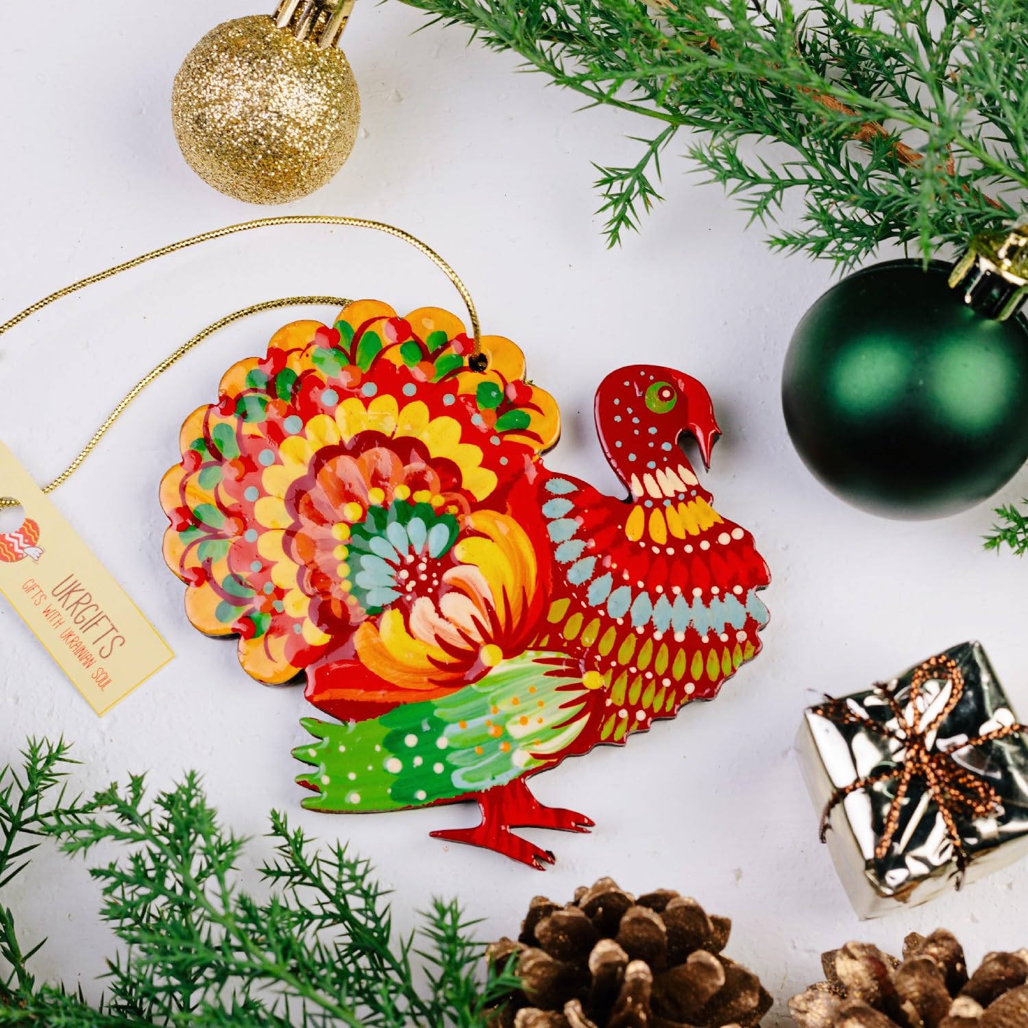Turkey Christmas Ornament made of wood Hand-Painted Ukrainian Folk Art - Petrykivka Painting