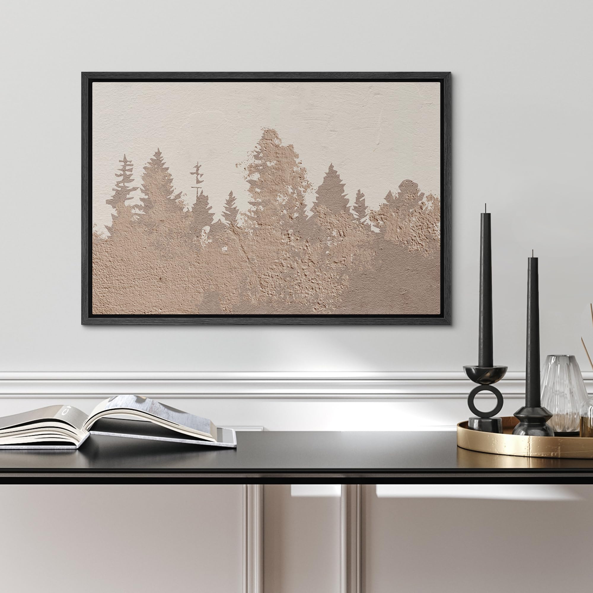 SIGNWIN Framed Canvas Print Wall Art Brown and Tan Duotone Pine Tree Forest Abstract Mid Century Art Minimalist Geometric Shape for Living Room  Bedroom  Office - 16''x24'' BLACK