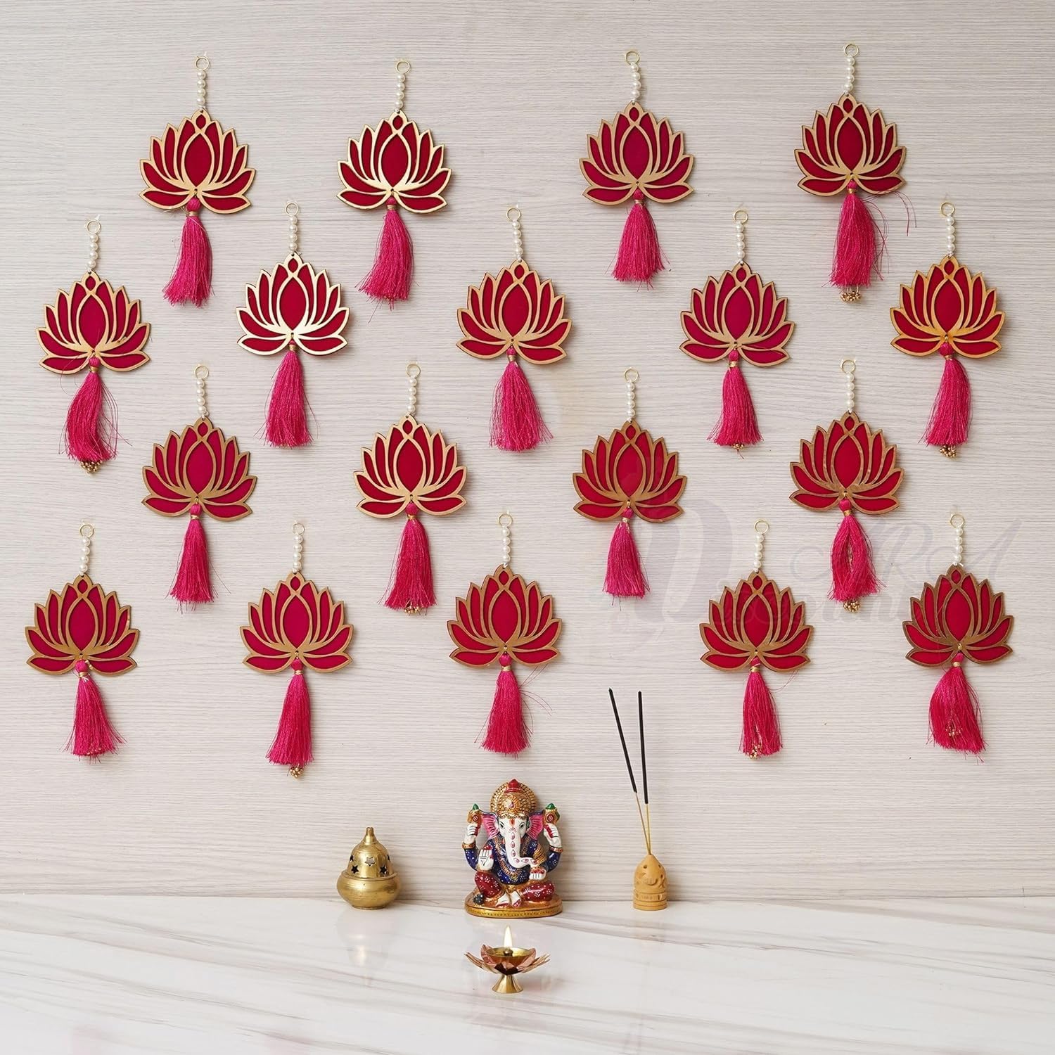 Craftomanic Handmade Wall Decor Lotus (18 Pcs - Pink) With Jhumki Style Hangings For Home Decor,Diwali Decor,Wedding And All Fes