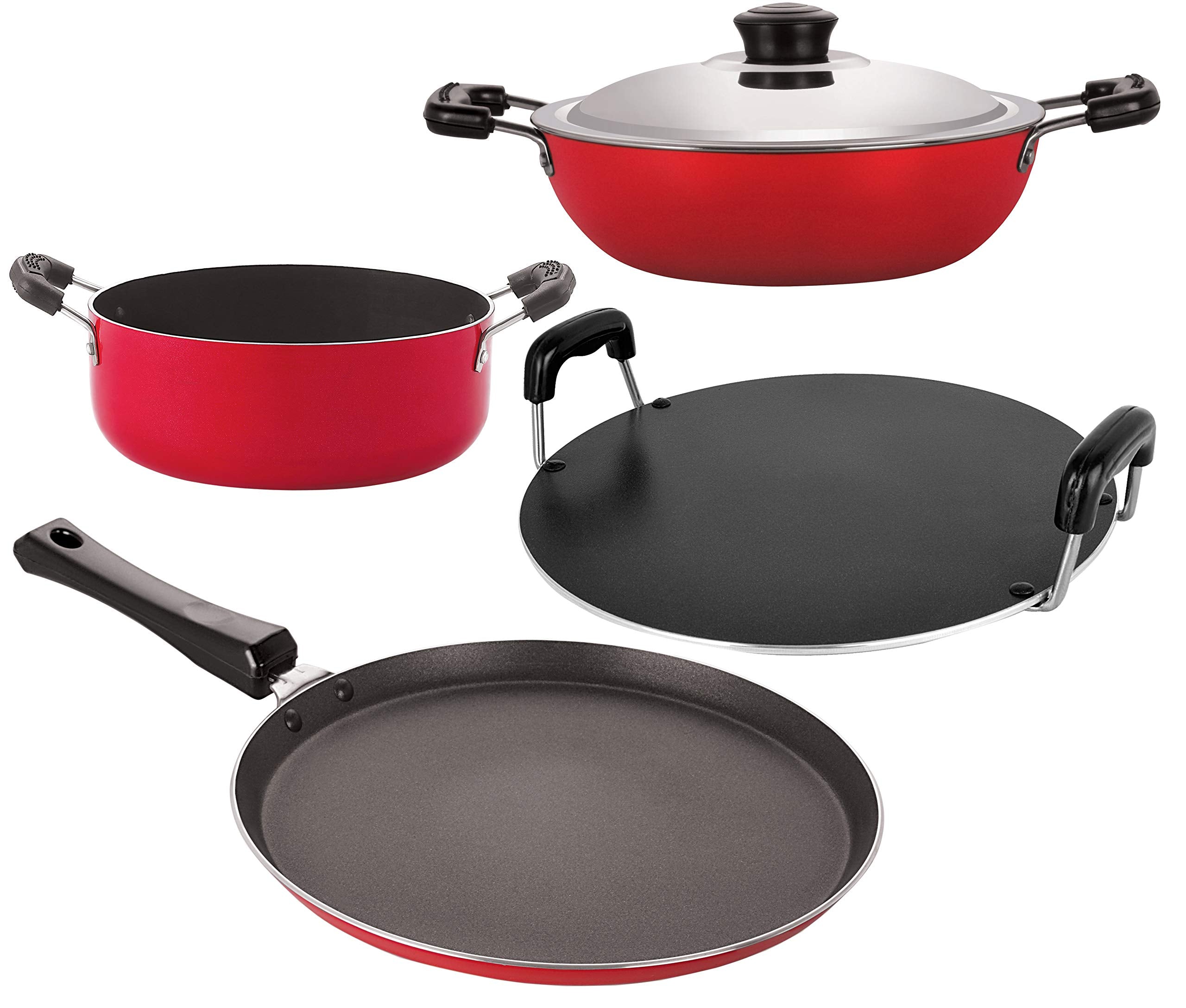 Nirlon NonStick Aluminium Dishwasher Safe Flat Base Kitchen Cooking Essential Set Offer With Lid