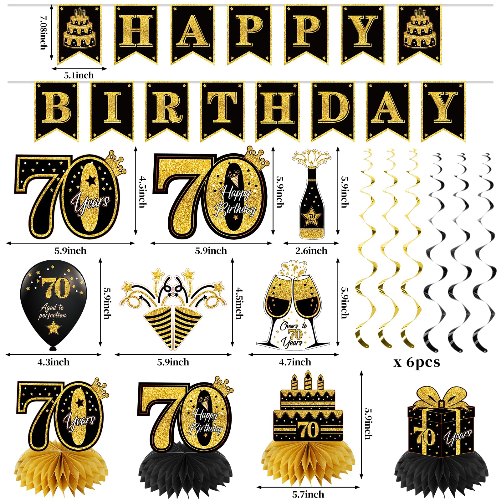 Eucutur 42Pcs 70Th Birthday Decoration Kit For Men Women, Black Gold Happy 70Th Bday Banner Balloons Honeycomb Centerpiece Swirl