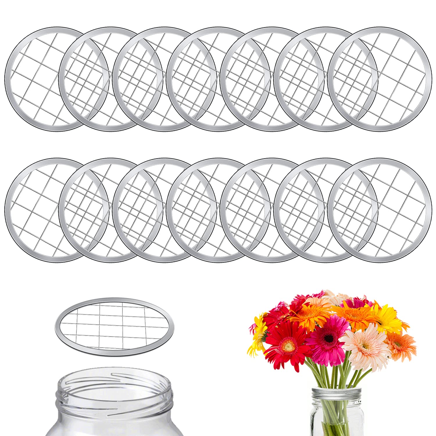 15Pcs Mason Flower Jar Insert Lid, Reusable Frog Lids With Square Grids Metal Flower Lid Insert Flower Organizer Lid For Regular