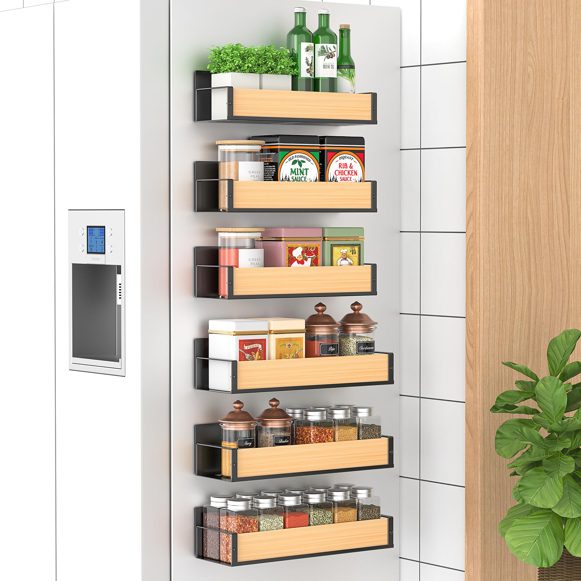 HuggieGems 6 Pack Magnetic Spice Storage Rack Organizer for Refrigerator and Oven, Wood Fridge Organizers and Storage
