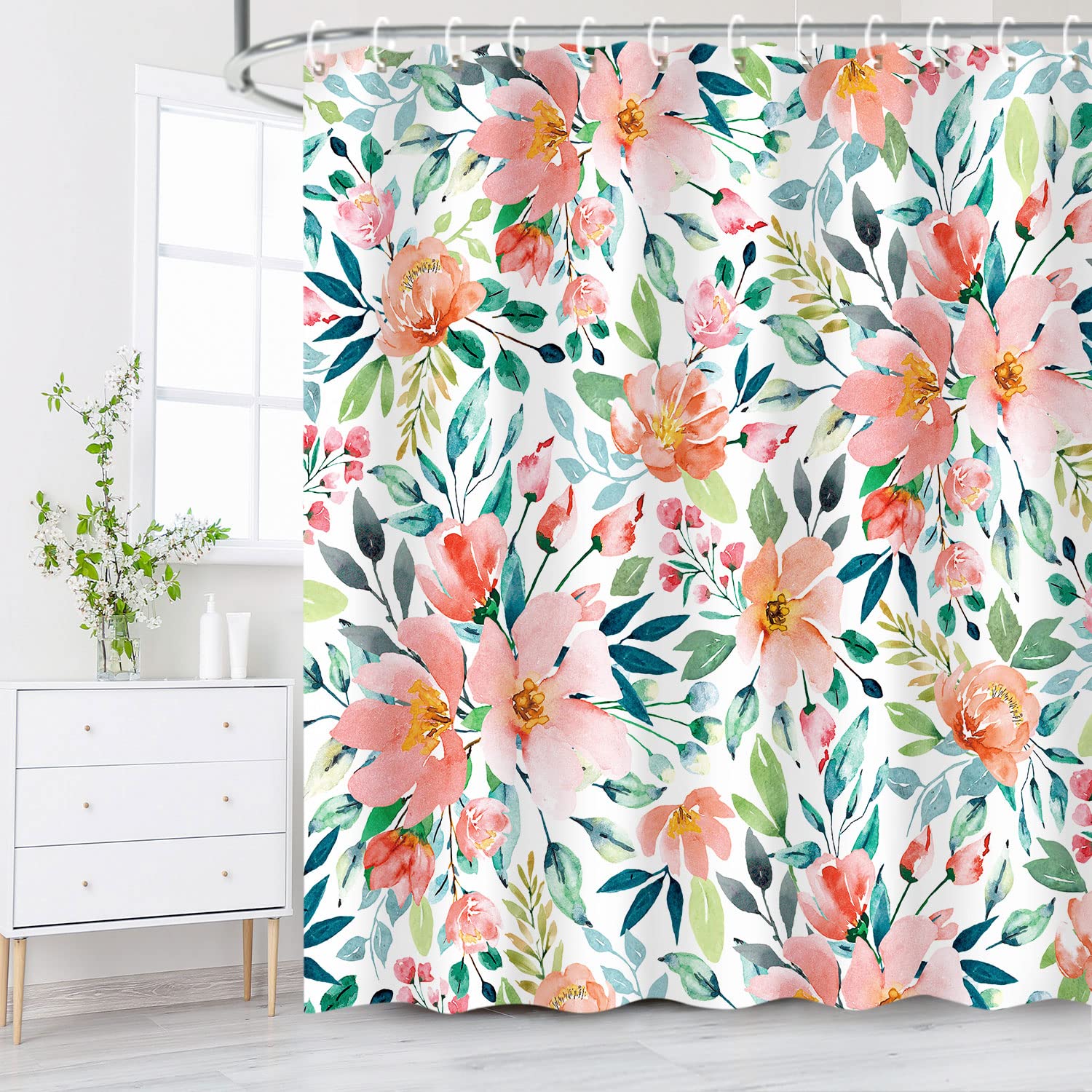 Livilan Pink Floral Shower Curtain, Flowers With Green Leaf Fabric Bathroom Curtains Set With Hooks, Blue And Pink Shower Curtai