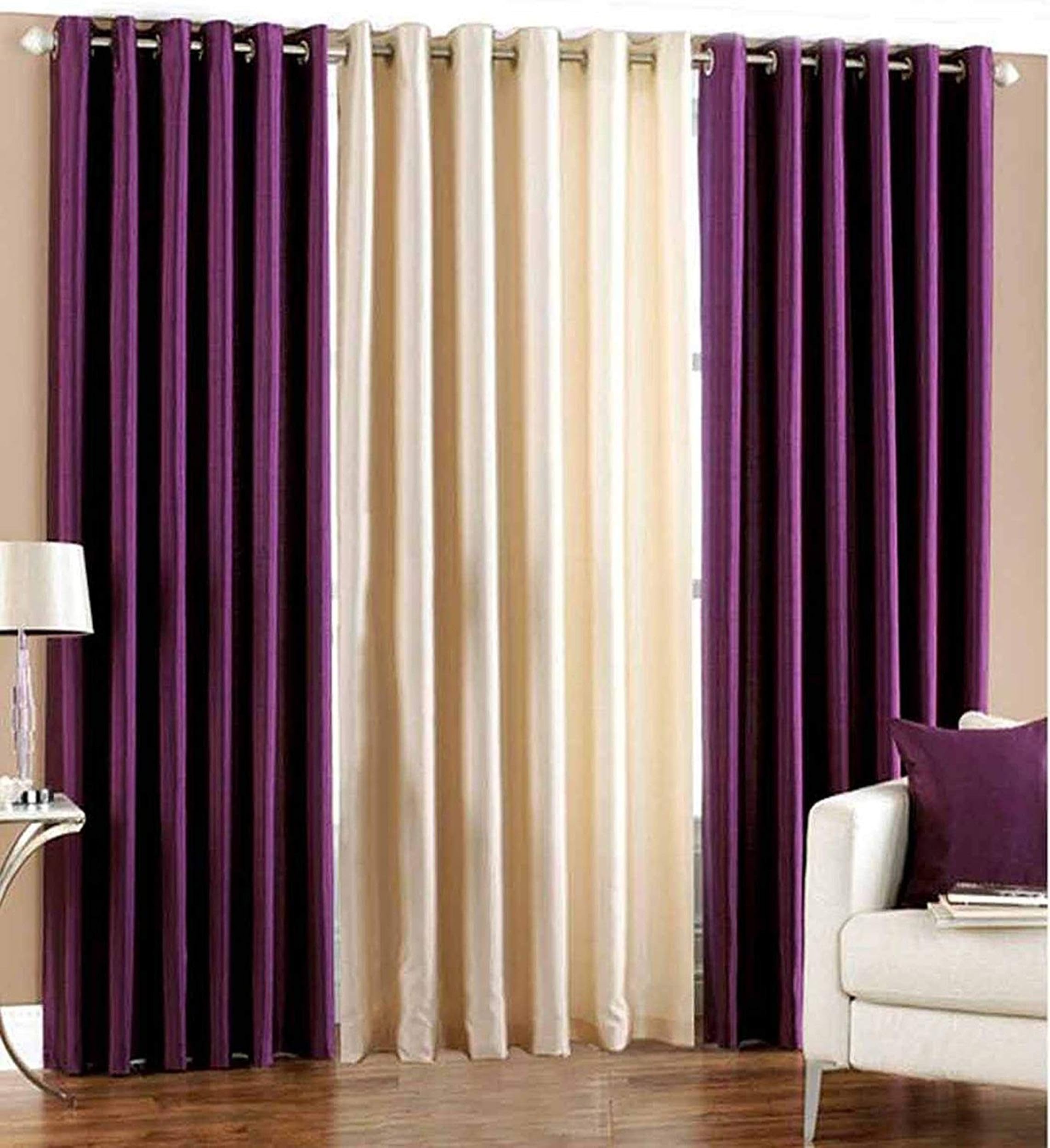 Galaxy Home Decor Solid Plain Curtains for Long Door 10 Feet, Pack of 3, Purple & Cream