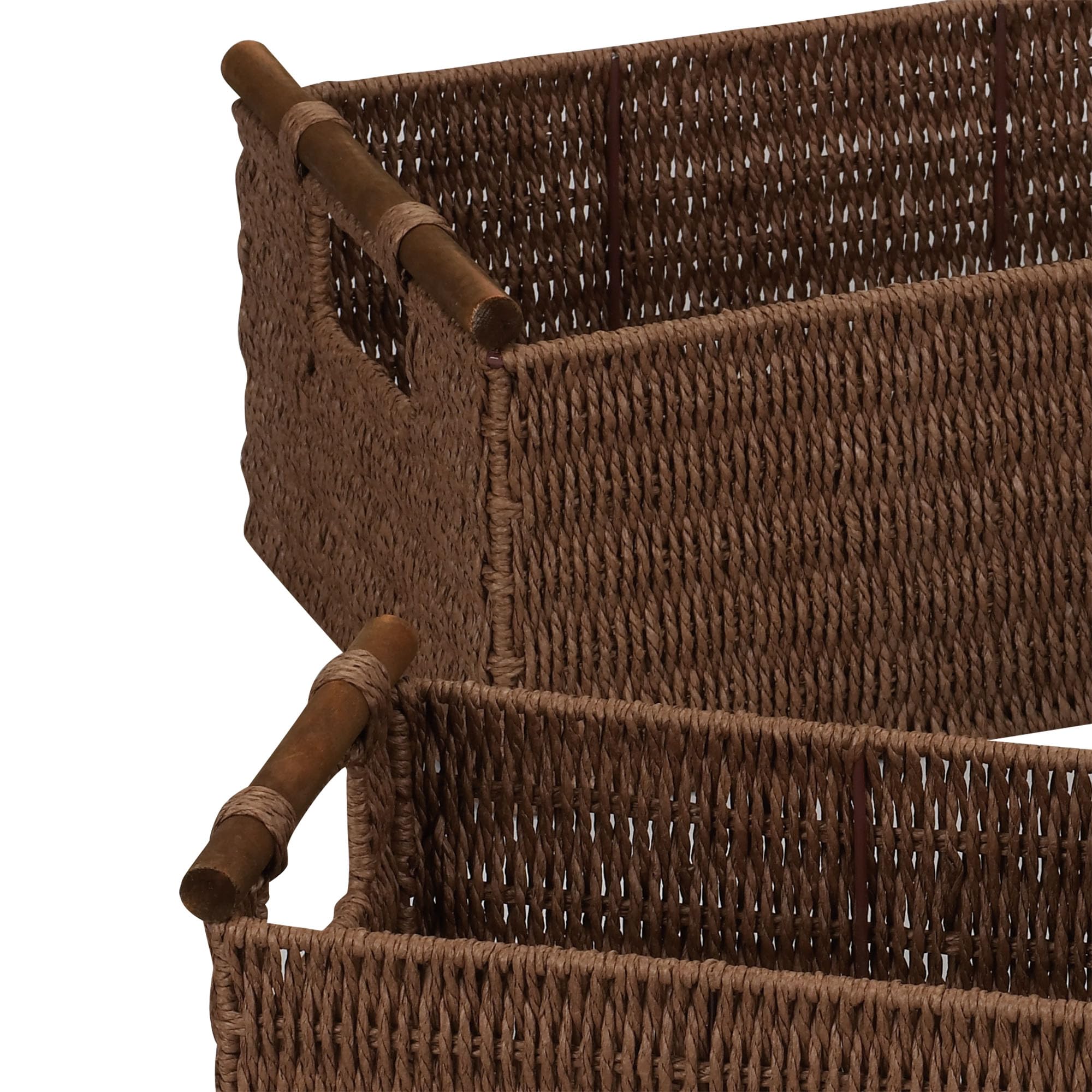Household Essentials Decorative Woven Baskets Set Of 3, Paper Rope With Wood Handles, Sturdy Metal Frame, Small, Medium And Larg