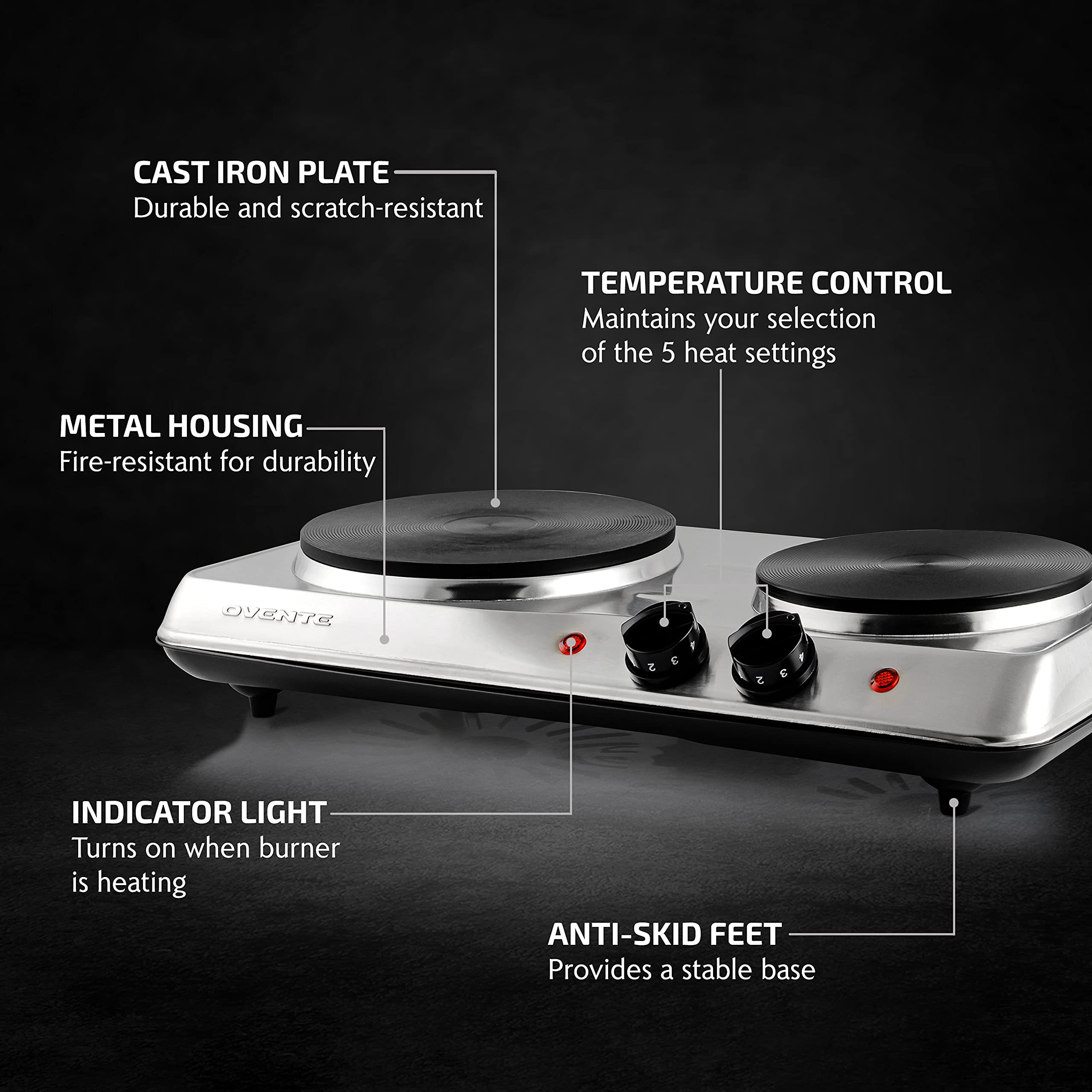 Ovente Electric Countertop Double Burner, 1700W Cooktop With 7.25 And 6.10 Cast Iron Hot Plates, Temperature Control, Portab