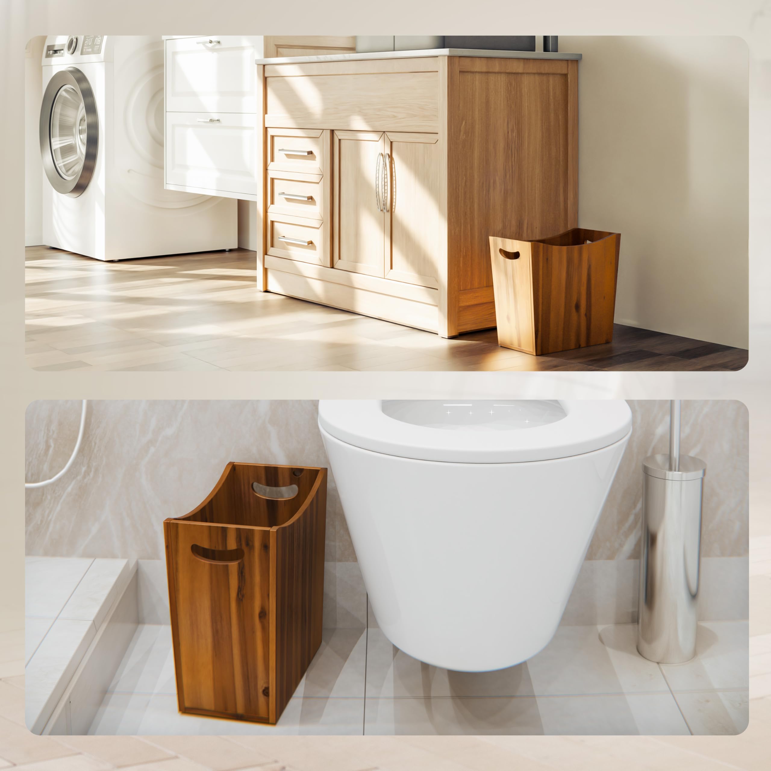 Tidita 3 Gallons Rectangular Wastebaskets - Acacia Wood Waste Basket With Handles - Small Trash Can For Bathroom - Brown Garbage