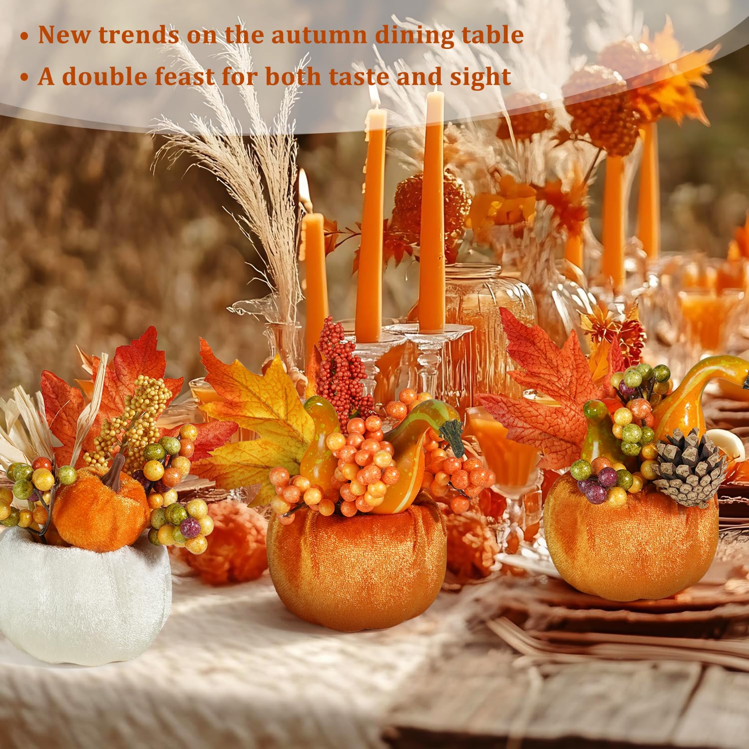 Artmag Set of 6 Artificial Pumpkins Decorations, Decorative Fabric Orange Pumpkin with Maple Berry Acorn Pine Cone Vegetables fo