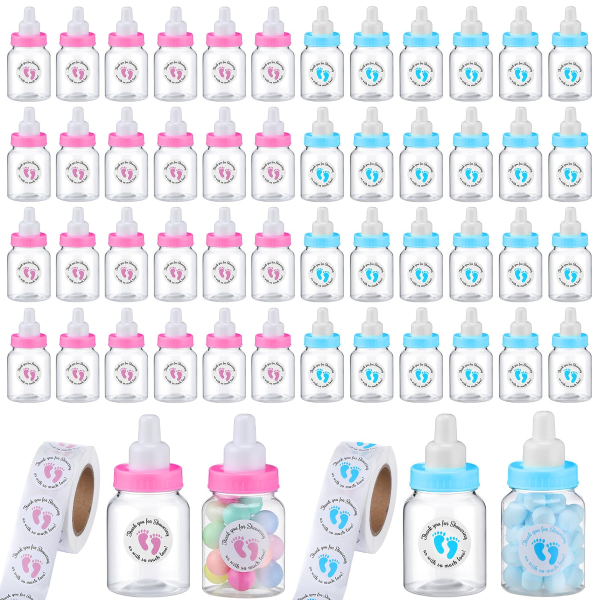 Tondiamo 48 Pcs 1.5 X 3.5 Inch Baby Shower Mini Milk Bottle With 500 Adhesive Thank You Showering Stickers, Plastic Fillable Gif