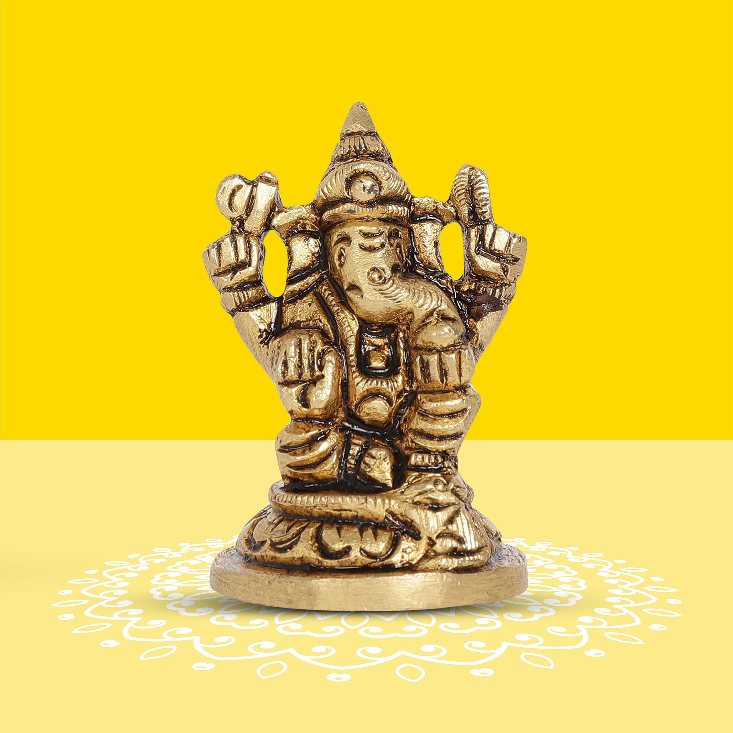 10Club Lord Ganesha Idol - 1Pc - 100% Pure Brass | Ganesh Unique Design with a Round Base for Desk, Car, and Home Dcor | Yellow 