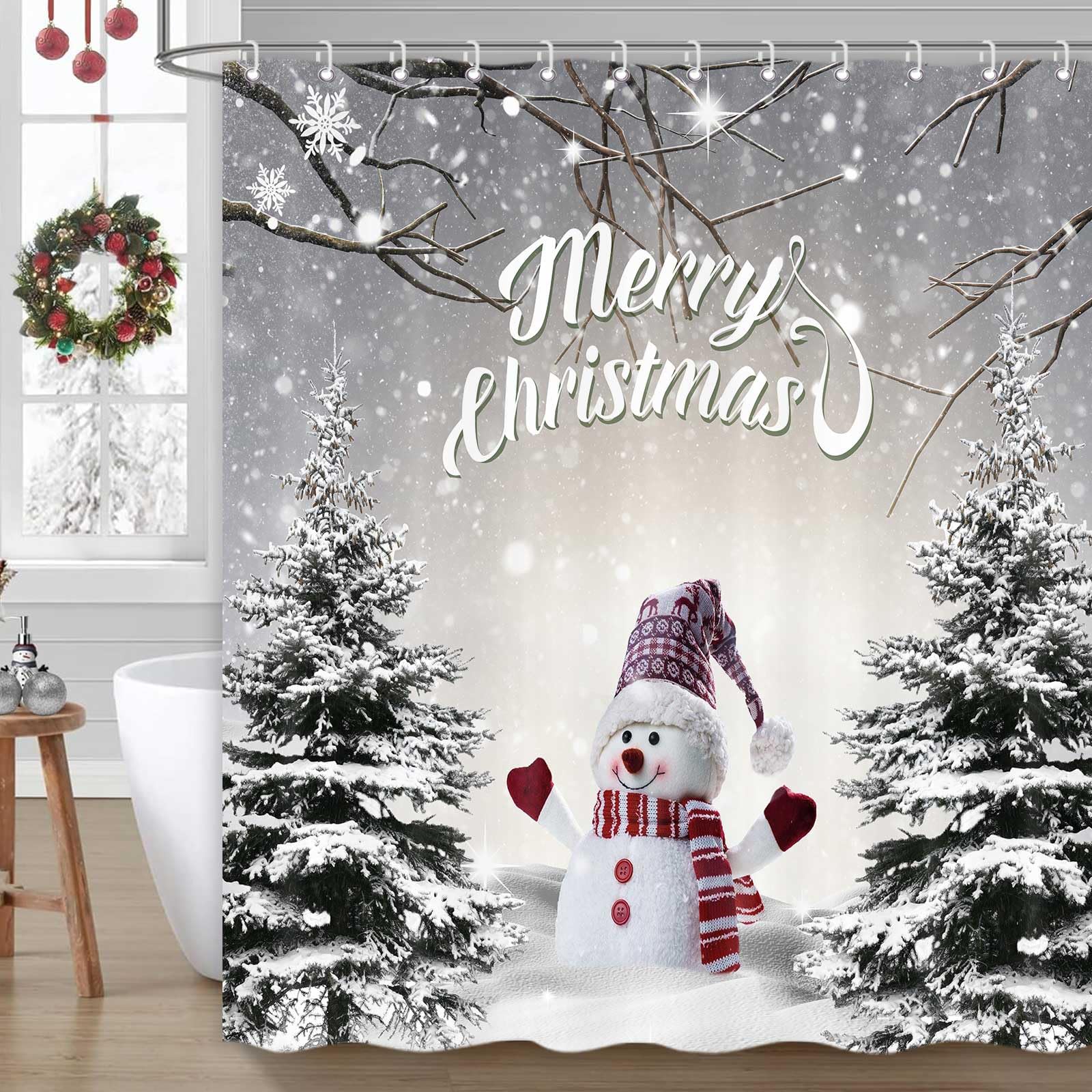Icteisom Christmas Snowman Shower Curtain, Cute Snowman Snowflake Forest Grey Winter Fabric Shower Curtains For Bathroom, Xmas H