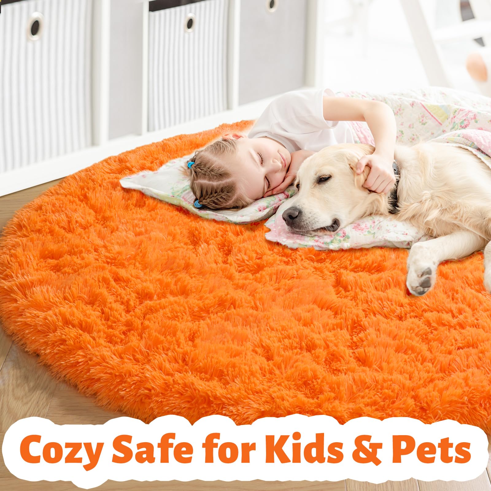 Amdrebio Orange Round Circle Rug 5Ft for Bedroom Living Room, Fluffy Fuzzy Shaggy Area Rugs for Kids Room Decor Aesthetic, Cute