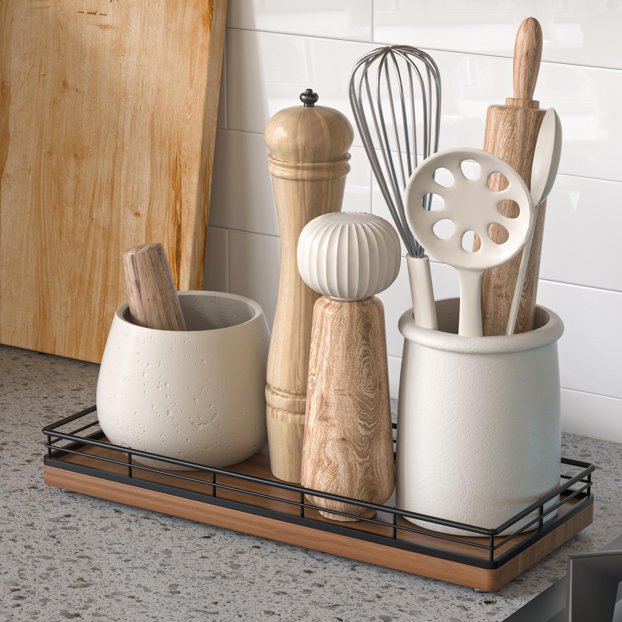 Oak Wooden Kitchen Soap Tray, 11'' Sink Countertop Soap Dispenser Sponge Holder, Spice Salt And Pepper Organizer For Dining Room