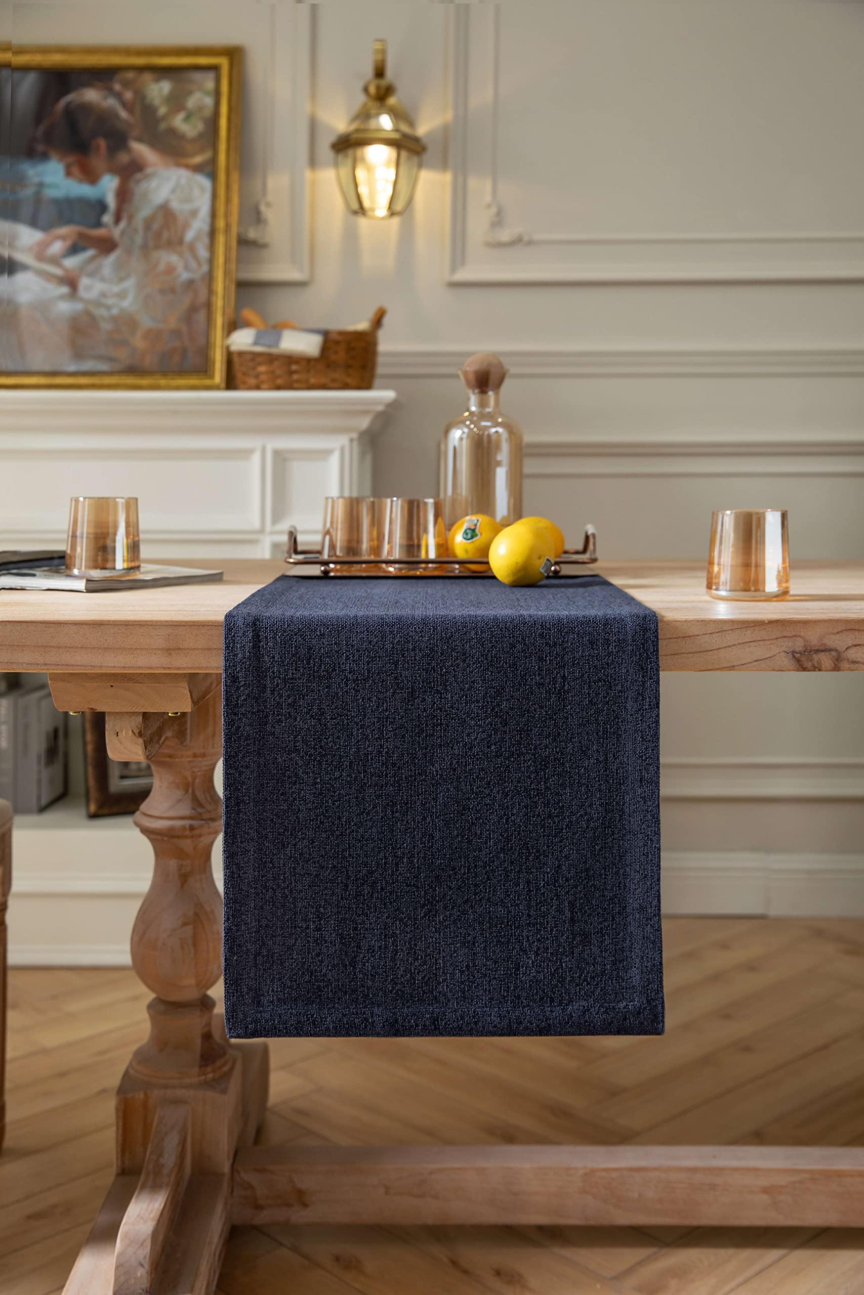 Zeemart Burlap Style Farmhouse Table Runners 72 Inches Long, Navy Rustic Woven Dining Table Runner For Everyday Use, 14X72 Inche