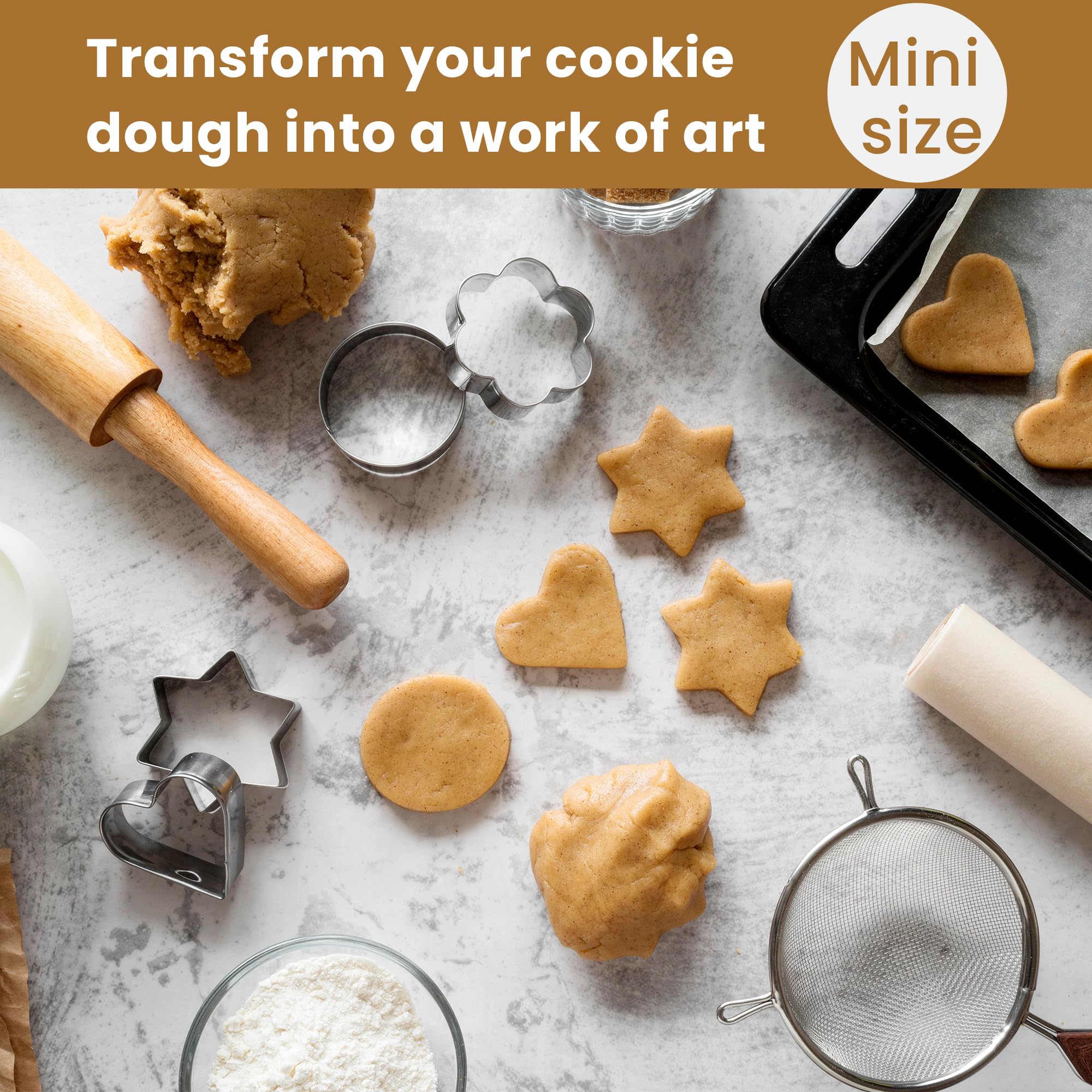 Gadgetime Usa Stainless Steel Mini Cookie Cutter Set (24 Pcs) - Geometric Shapes Biscuit Molds & Stamp - Round, Star, Triangle,