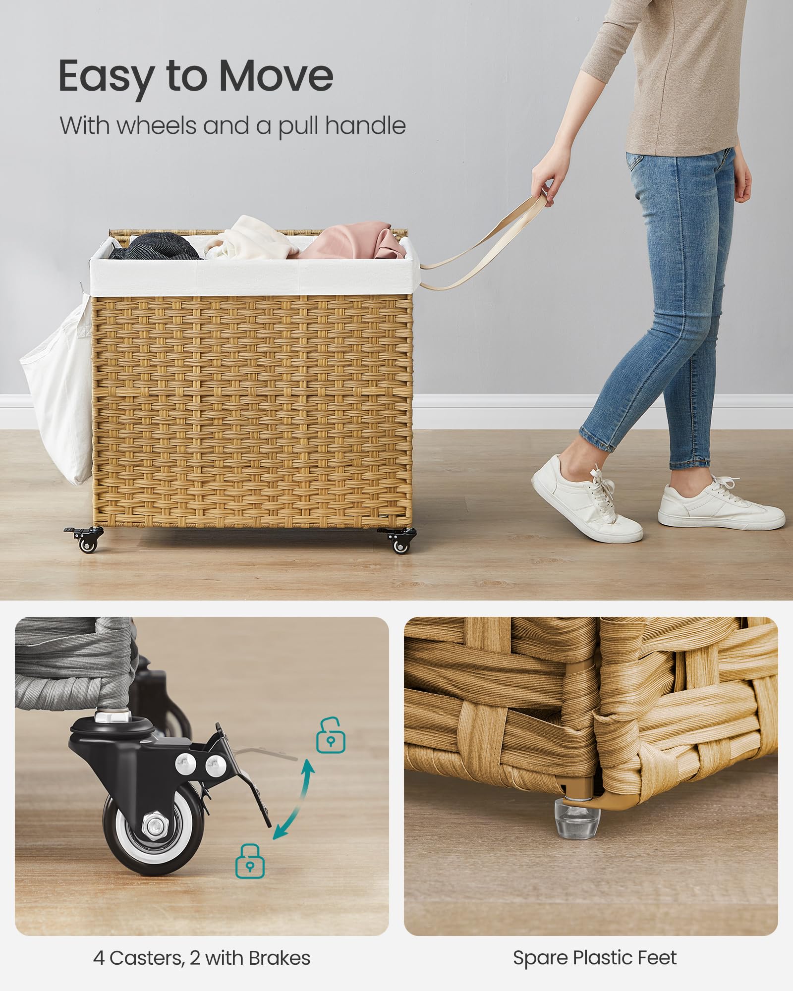 Songmics Laundry Hamper With Lid, 42.3 Gallons (160 L), Rolling Laundry Basket With Wheels, 3-Section Synthetic Rattan, Removabl