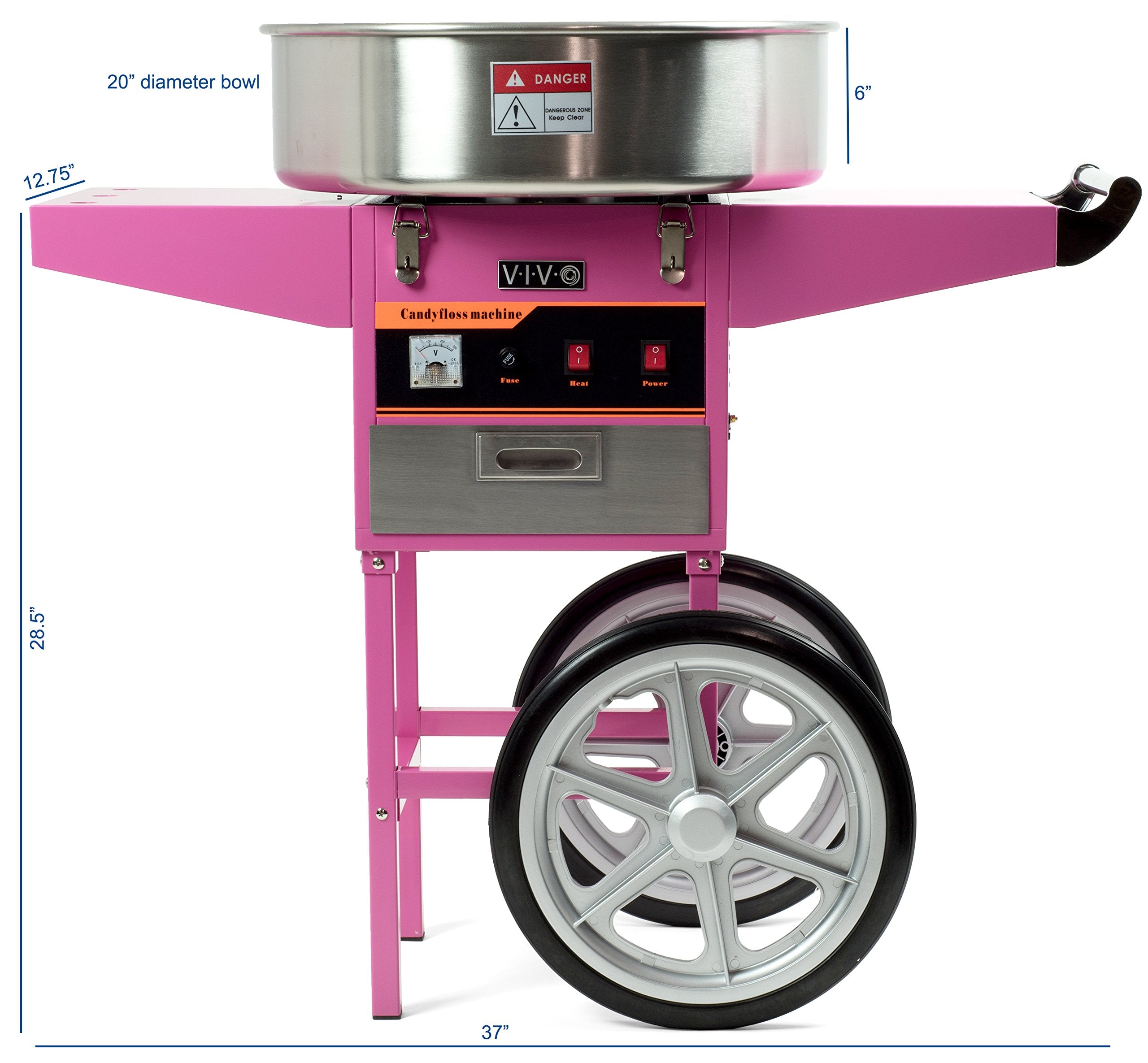 Vivo Pink Electric Commercial Cotton Candy Machine, Candy Floss Maker With Cart Candy-V002