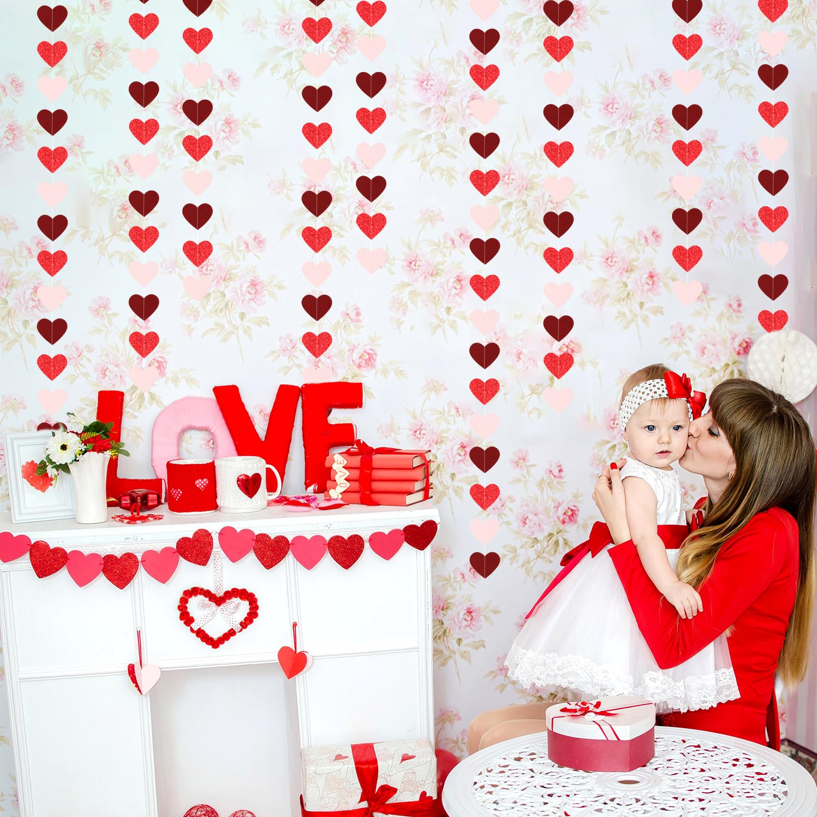 Party Decorations Pink-Red Heart-Garland - 52ft Burgundy Proposal Special Night Galentines Hanging Streamers Banner,Girl Romanti