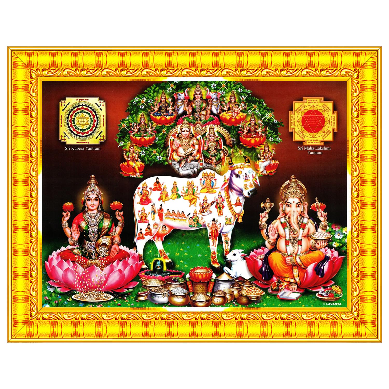 Pavan Photo Laminations Lakshmi Kubera Ganesha Laxmi Devi Yantra Wall Painting Framed Home Decor (Wood,Matte,Gold,Big Size,10 x