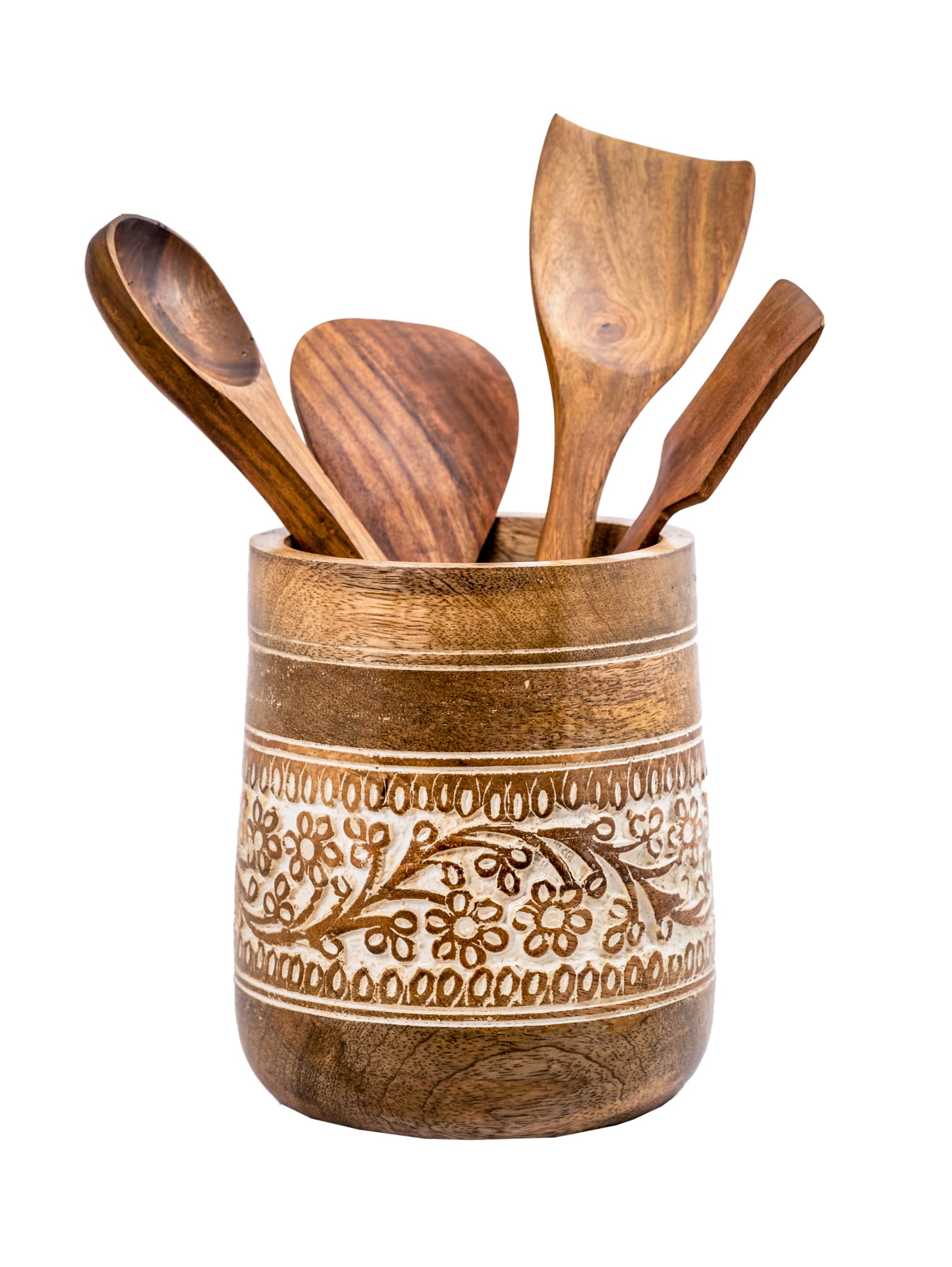Mie Creations Farmhouse 7 Large Wooden Utensil Holder, White Floral