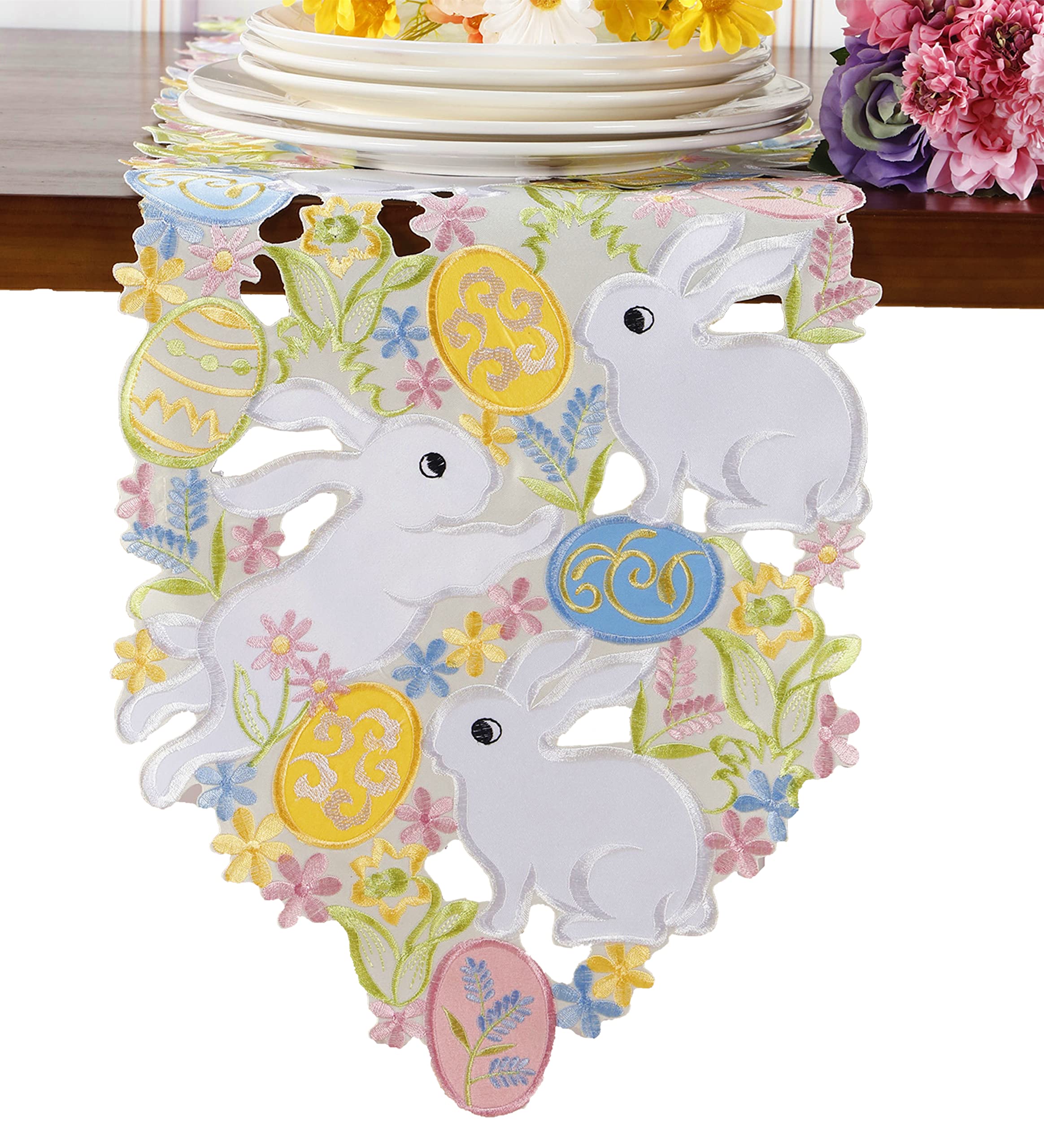 Easter Table Runner Spring Bunnys Flowery Table Runner Cutwork Embroidered Floral And Bunnys Dresser Scarf Table Topper Home Kit