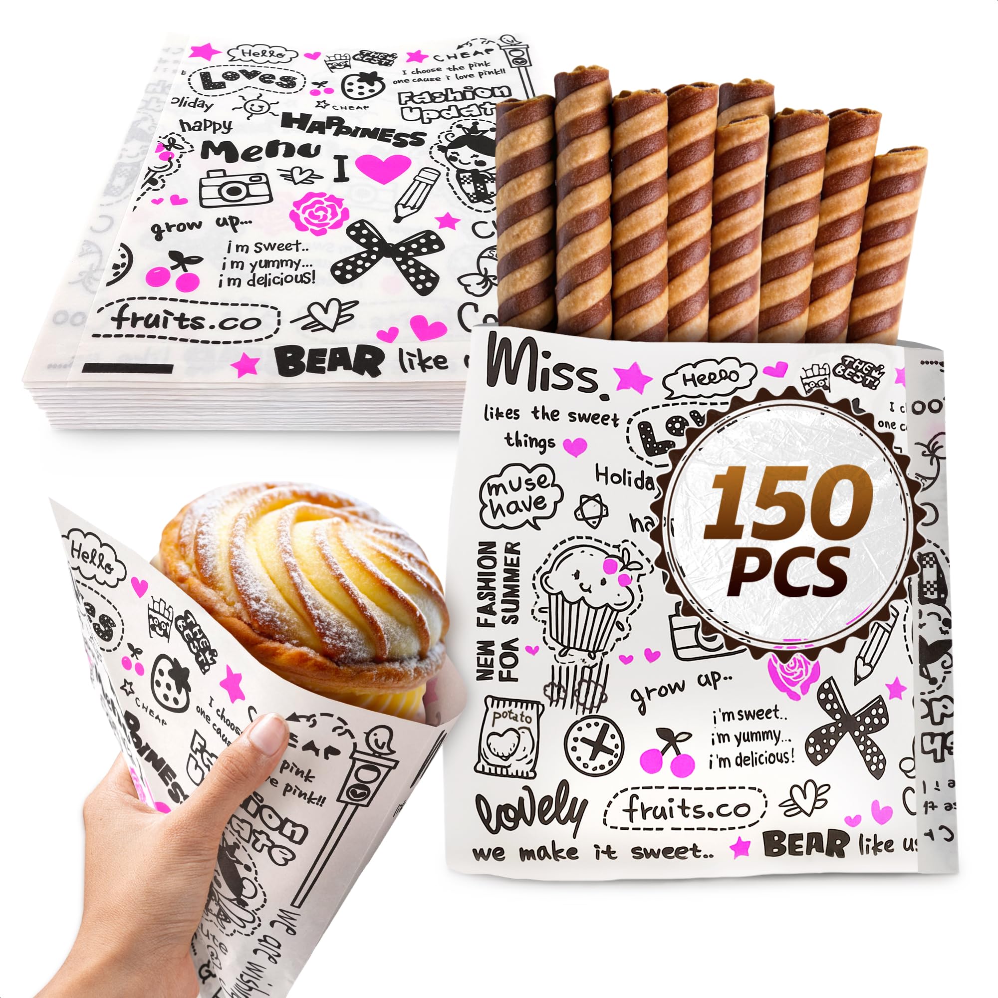 Set of 150 Soft Pretzel Bags - Wax Paper Sandwich Bags 14.5 x 15 cm, Suitable for Burgers, Pretzels, and Cookies, Grease Resista