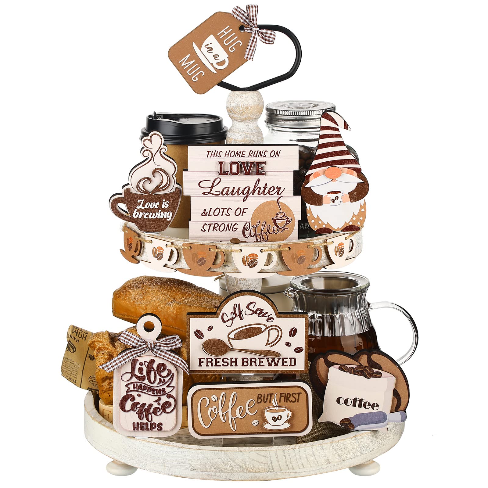 14 Pieces Coffee Tiered Tray Decor Set Coffee Theme Tiered Tray Decor Coffee Wood Signs Coffee Sign Rustic Trays Decor for Summe