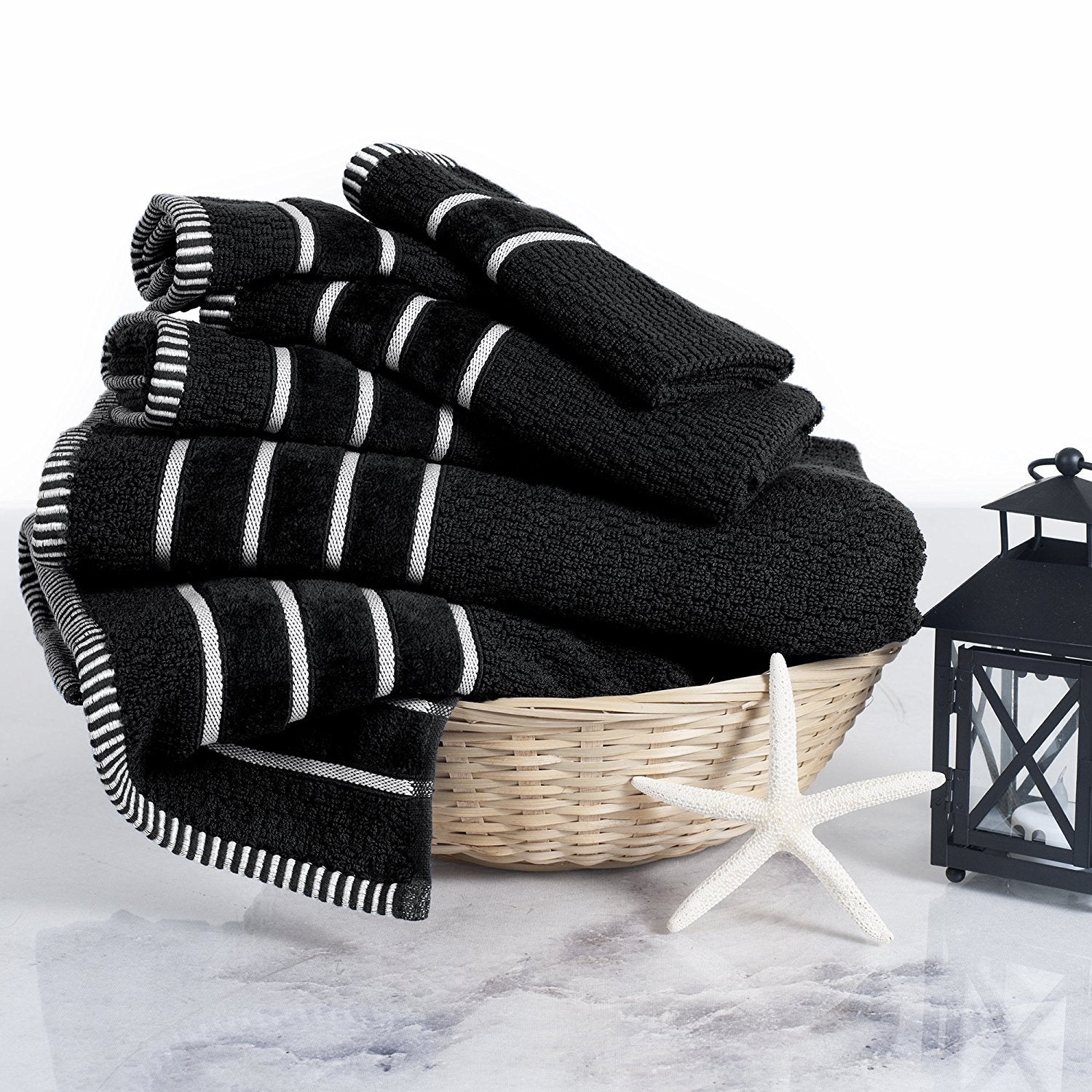 6-Piece Towel Set - Combed Cotton Rice Weave Bathroom Accessories with 2 Bath Towels  2 Hand Towels  and 2 Washcloths by Bedford Home (Black)