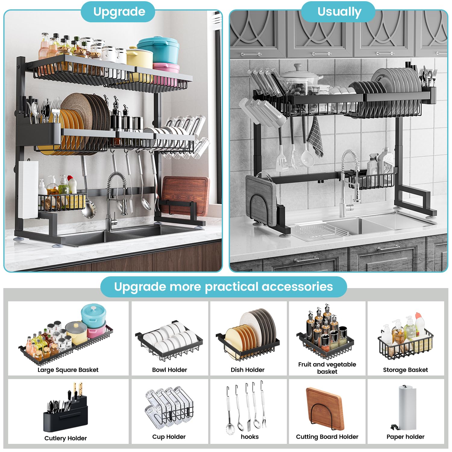 Adbiu Over The Sink Dish Drying Rack (Expandable Height And Length) Snap-On Design 2 Tier Large Dish Rack Stainless Steel (31-39