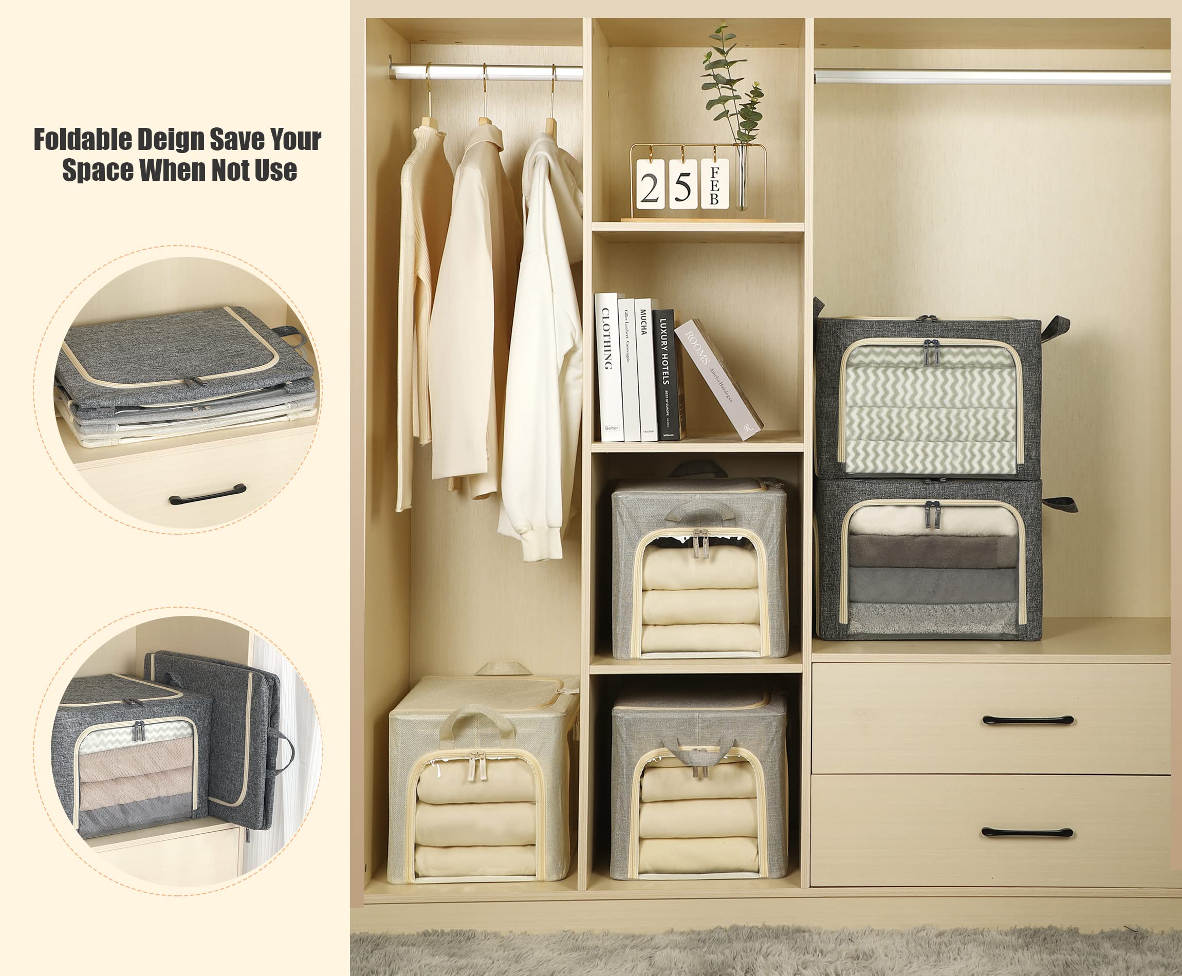 3 Openings Clothes Storage Bins with Metal Frame, Foldable Storage Bin for Clothes, Clothing Storage Bins with Lid, Linen Storag