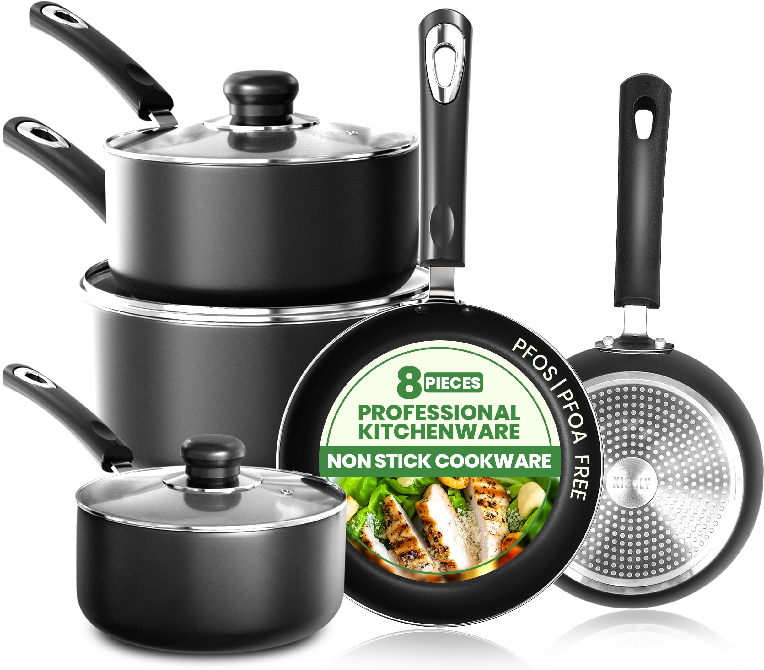 KICHLY 8 Piece Pots and Pans Set, Non Stick Kitchen Cookware Set with 20cm & 28cm Frying Pans and 16cm, 18cm, 20cm Saucepans wit