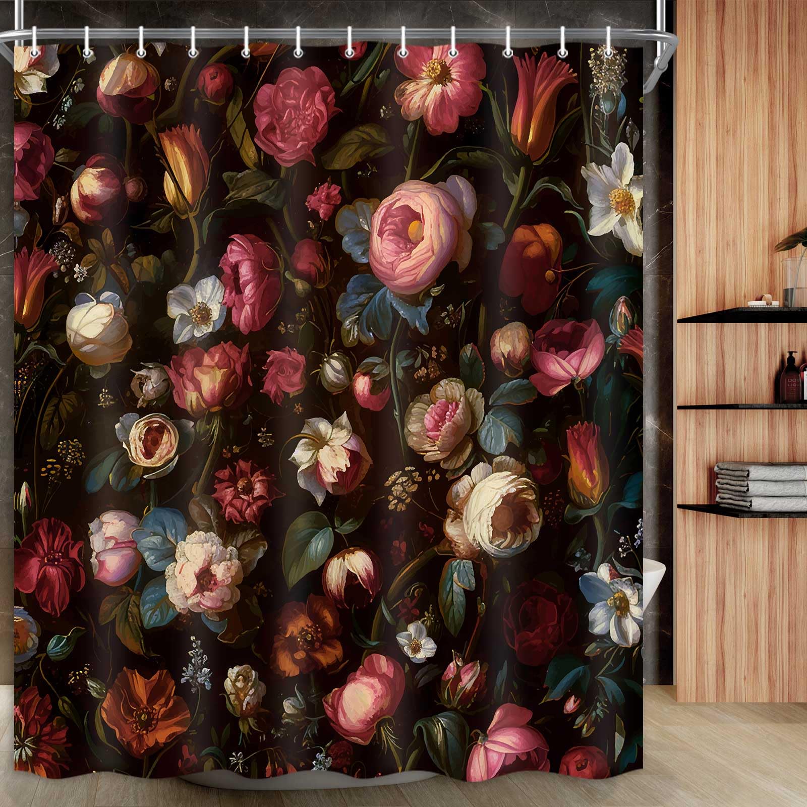 Drgilau Floral Shower Curtain, Black Boho Floral Shower Curtain Vintage Floral Shower Curtain Set Decor, Pink Plant Flower Bathr