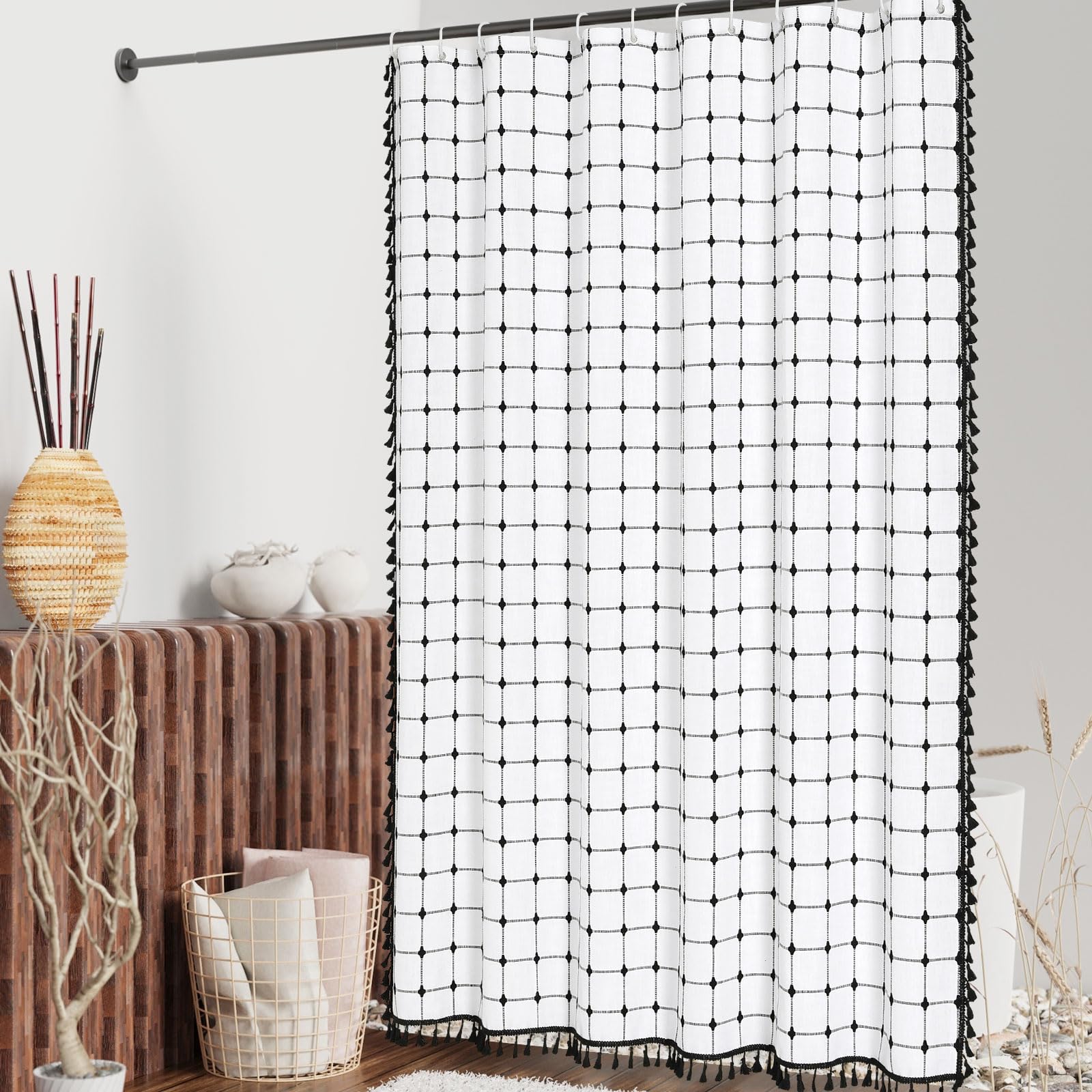 Mitovilla 36 X 72 Small Stall Boho Shower Curtain Set, White Black Narrow Cotton Linen Fabric Shower Curtains For Farmhouse Bath