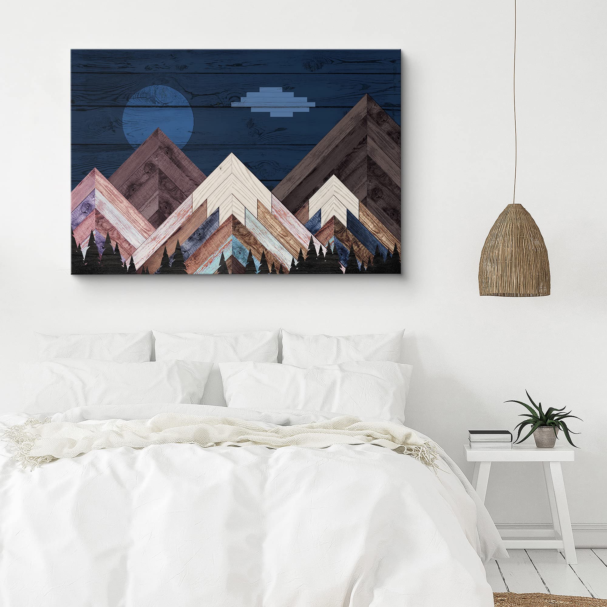 Signford Canvas Print Wall Art Western Decor Woodblock Night Mountain Range Nature Wilderness Wood Panels Modern Art Contemporar