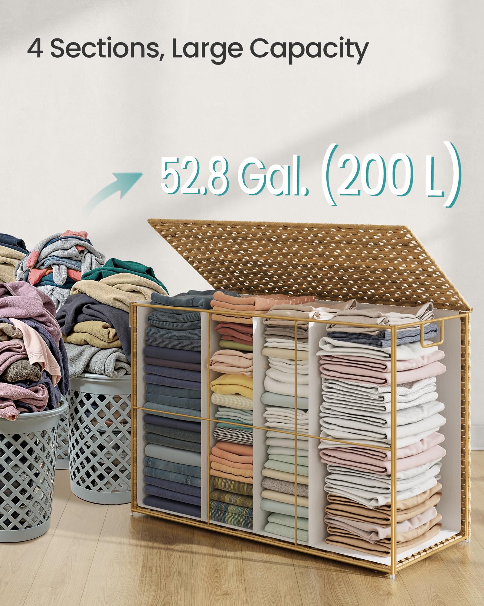 Songmics Laundry Hamper With Lid, 200 L Clothes Hamper With 2 Removable Liner Bags, 6 Mesh Bags, Wicker Laundry Basket, Double L