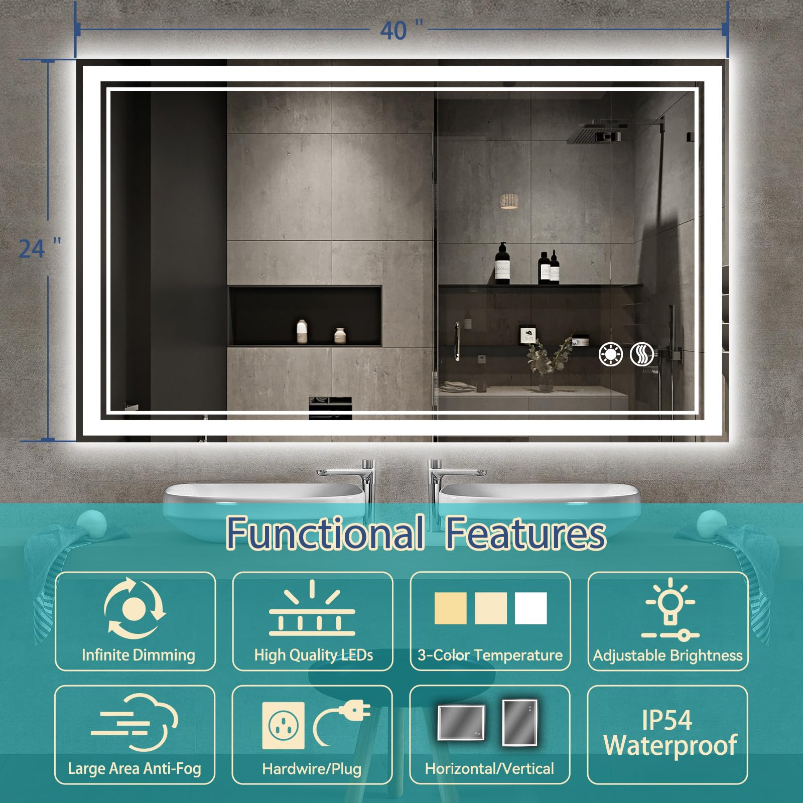 Getovin 40 X 24'' Led Mirror For Bathroom Fogless Bathroom Mirror With Lights Anti-Fog Stepless Dimmable 3 Colors Front And Back