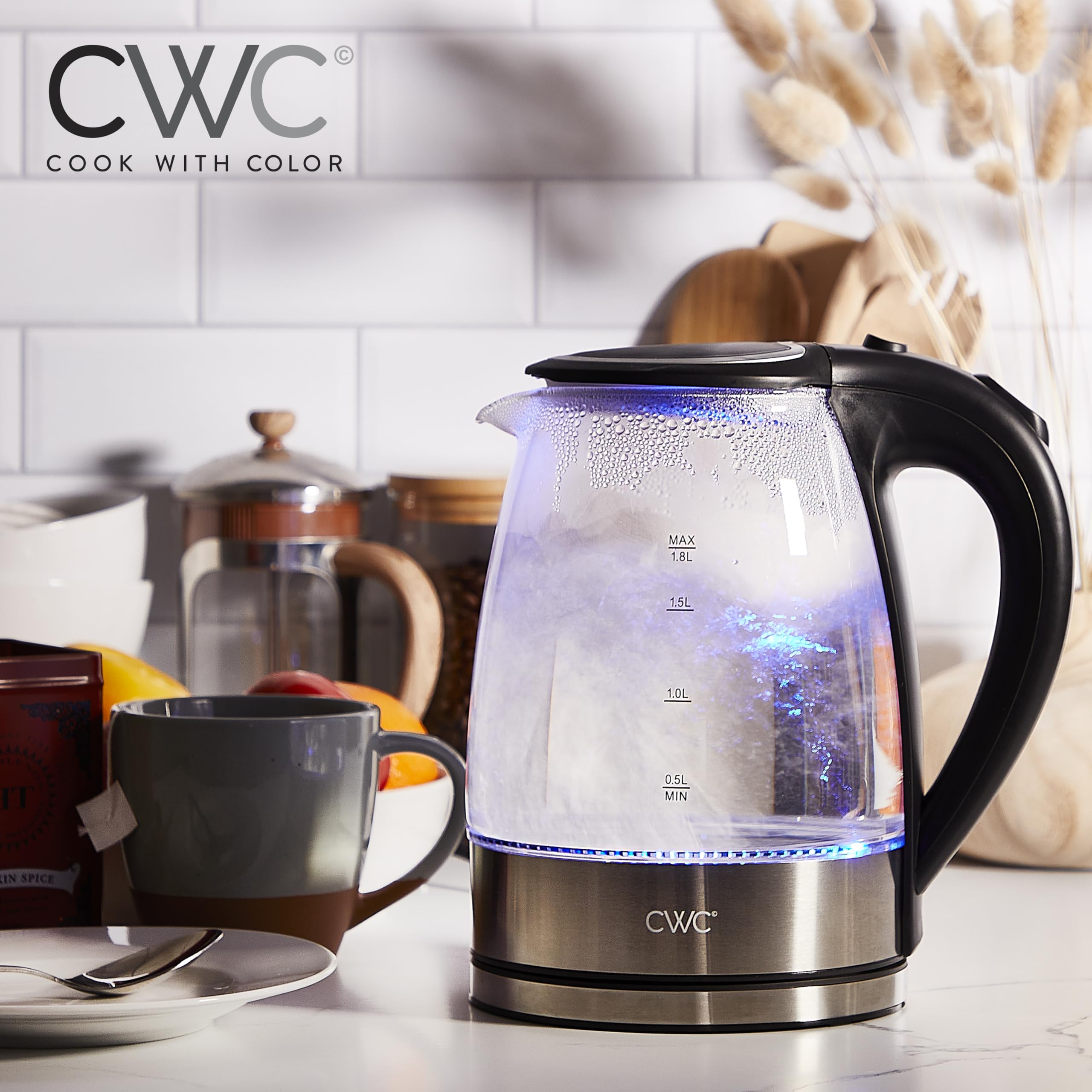 Cook With Color Glass Electric Kettle 1.8L - Rapid Boil, Sleek Design, And Safety Features - Great For Quick And Easy, Black