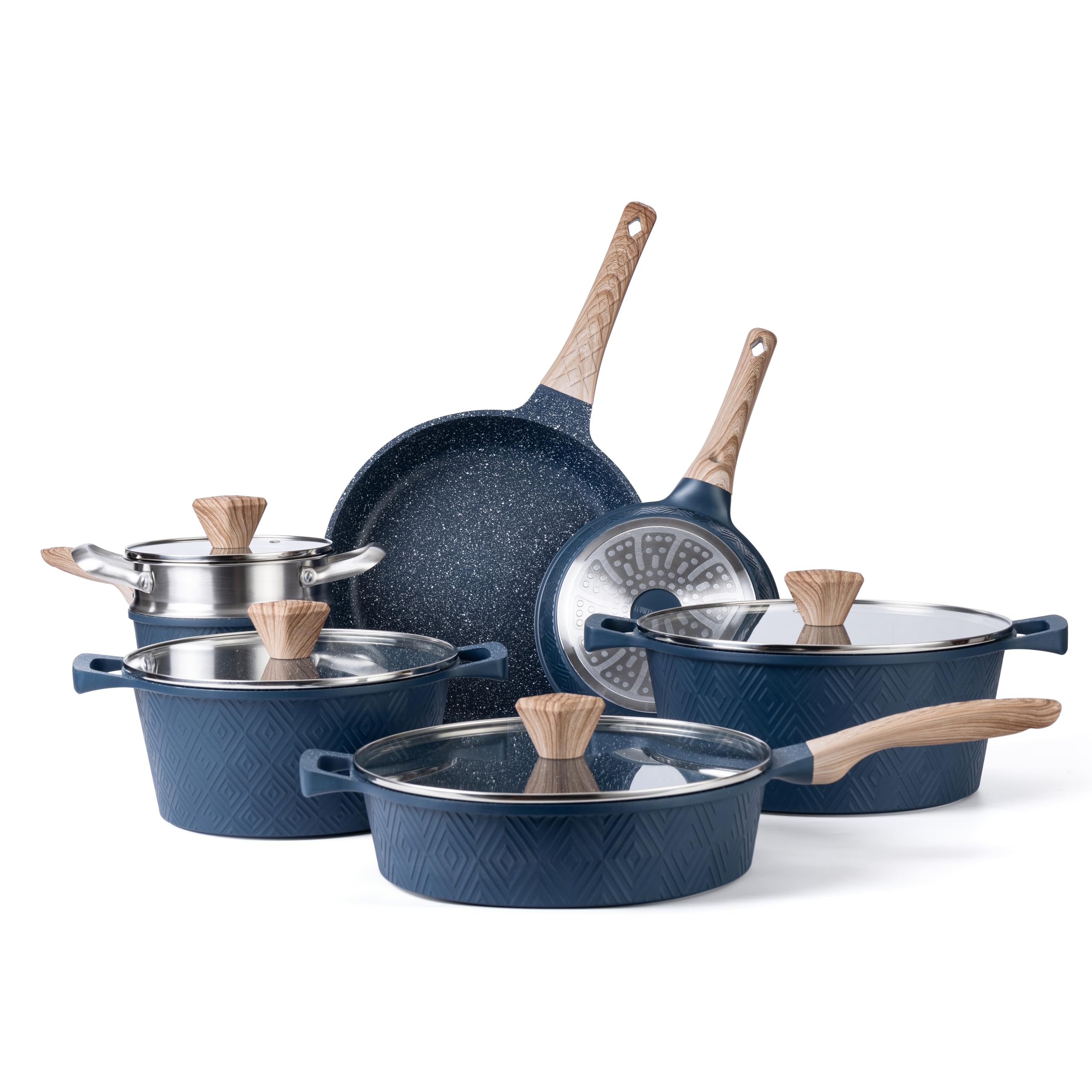 Country Kitchen NonStick Cast Aluminum Cookware Set  Durable Kitchen Cookware For Everyday Cooking, Navy, 11 Pc.