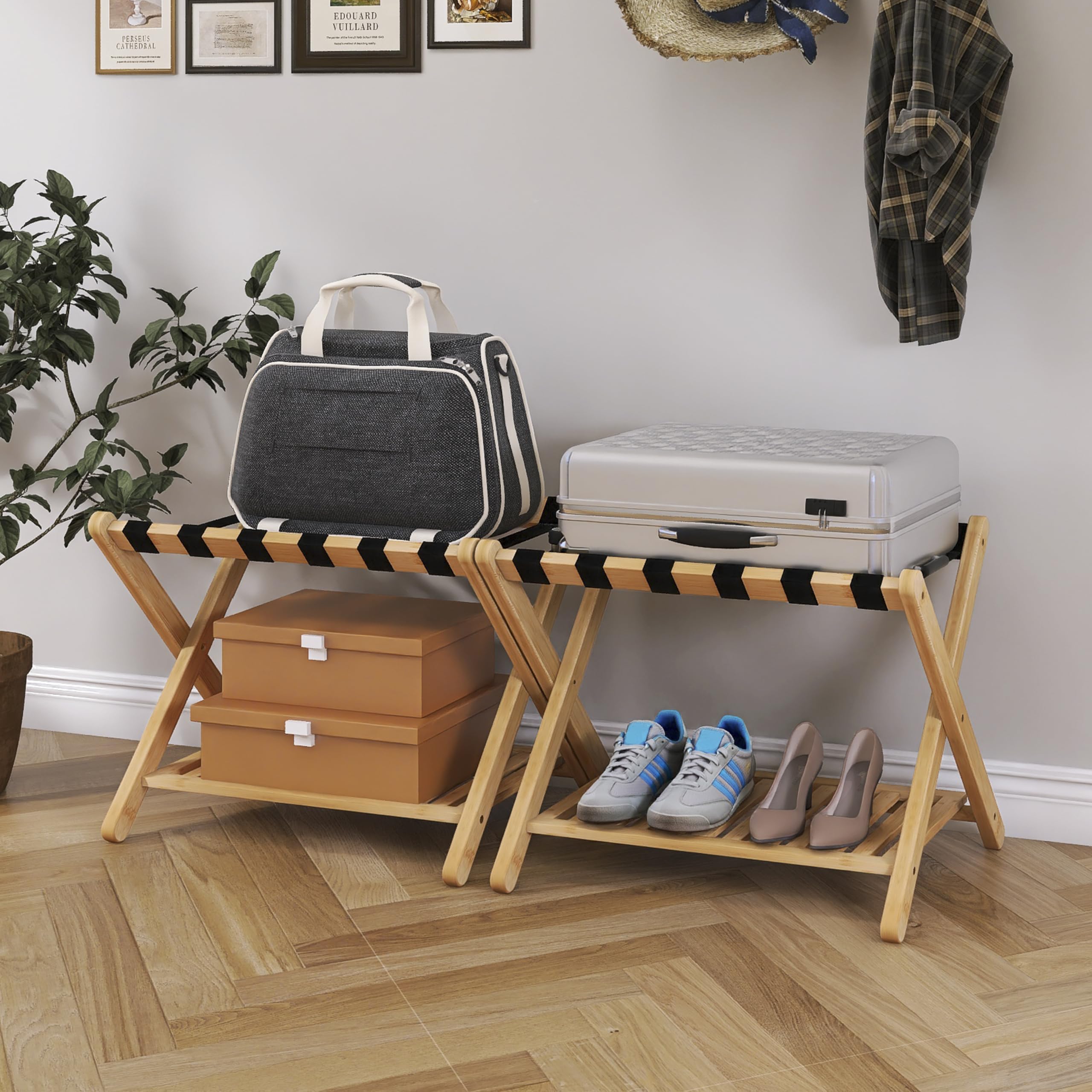 Smibuy Luggage Rack, Set Of 2, Foldable Bamboo Suitcase Stand With Storage Shelf For Guest Room, Bedroom, Hotel, Heavy-Duty (Nat