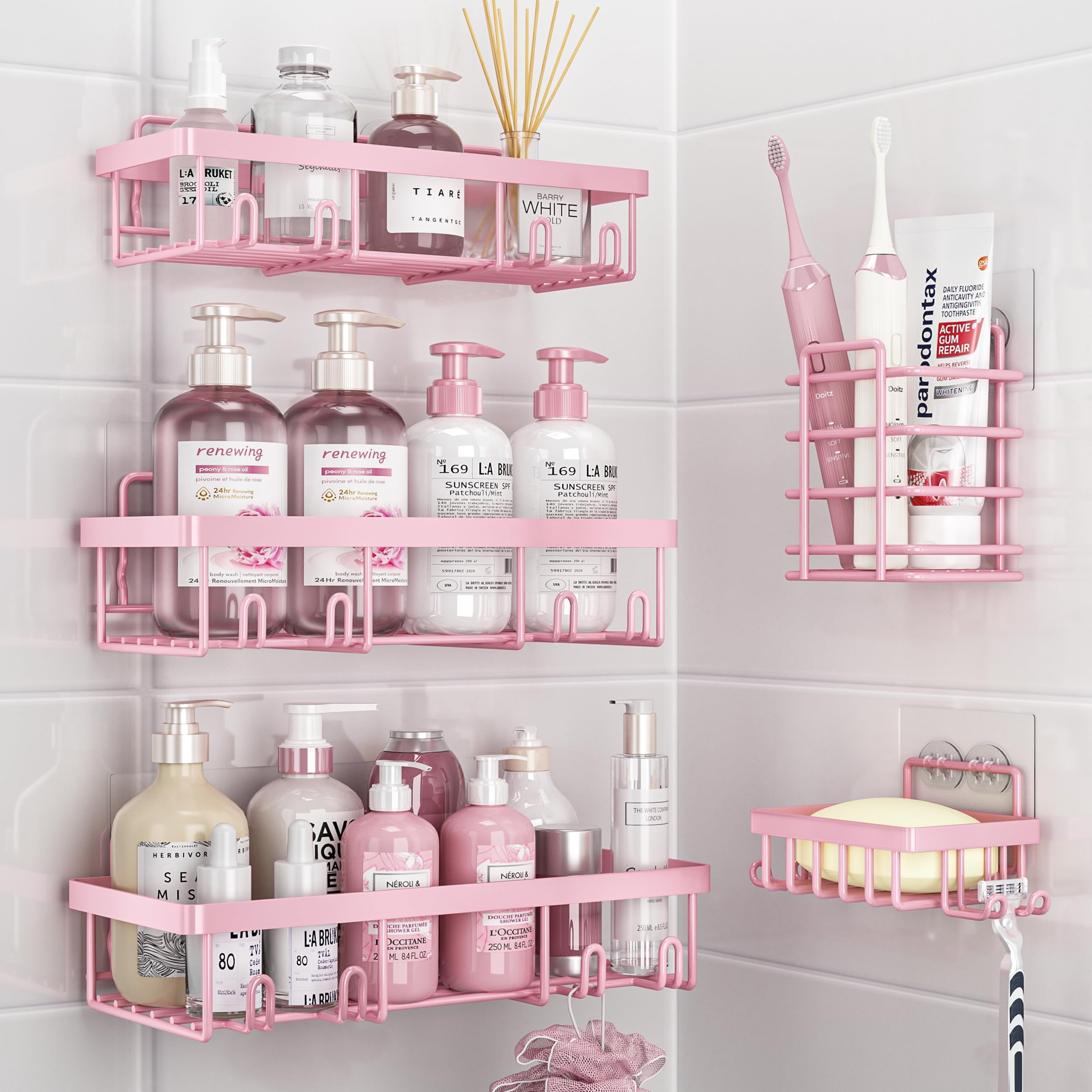 Liuoud Shower Caddy 5 Pack, Bathroom Shower Organizer Rack for Inside Shower, Adhesive Shower Shelf, Shampoo Holder, Shower Bask