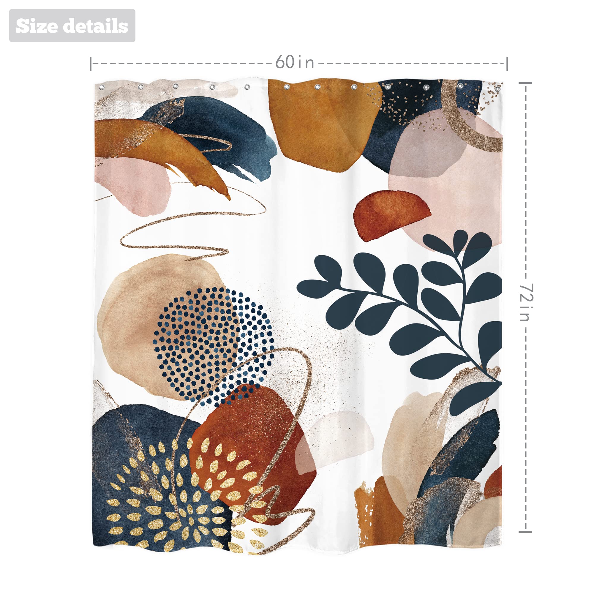 LIGHTINHOME Boho Mid Century Shower Curtain 60Wx72H Inches Abstract Navy Blue Gold Modern Aesthetic Geometric Leaves Neutral Minimalist Bathroom Decor Accessories Cloth Fabric Polyester Set 12 Hooks