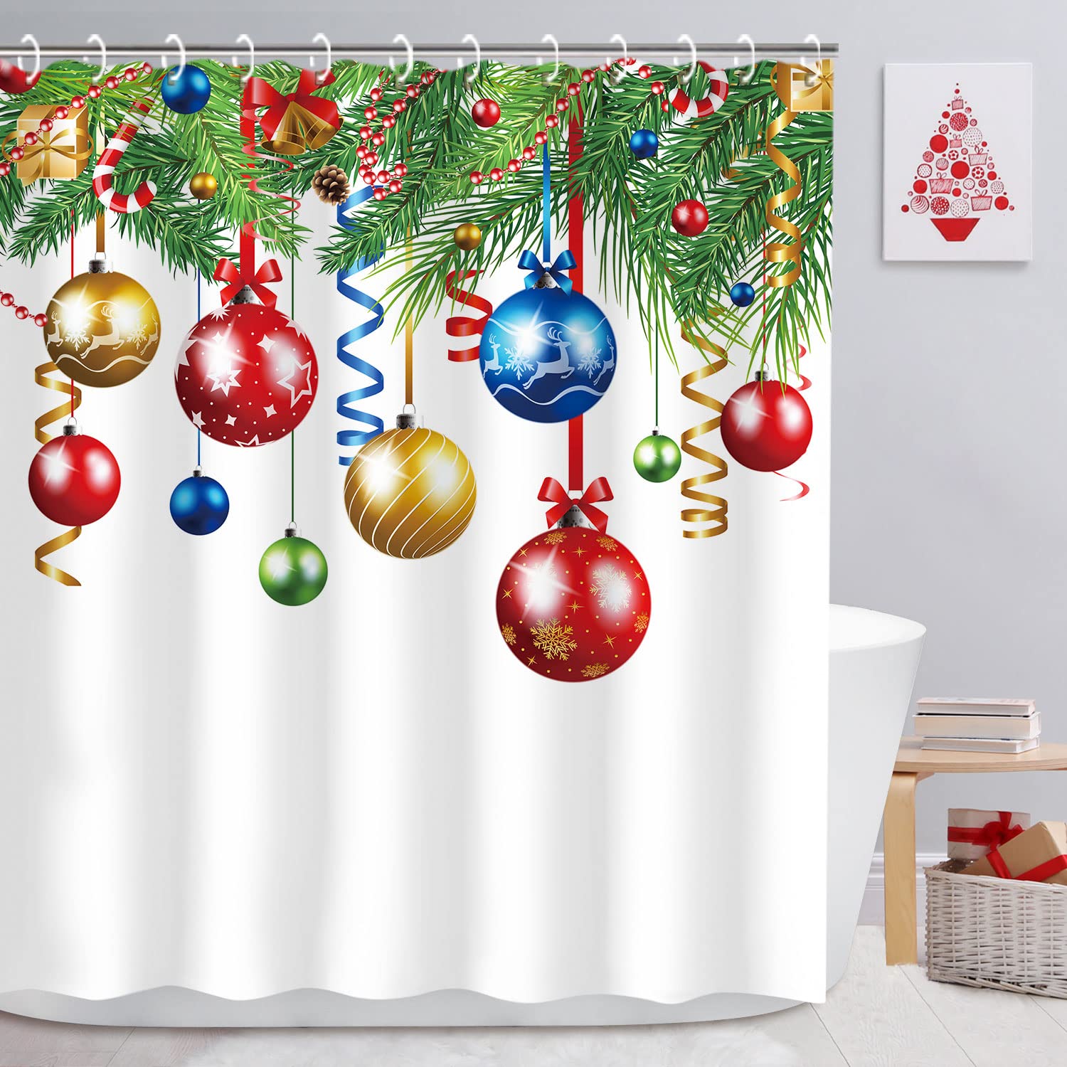Rosielily Christmas Shower Curtain For Bathroom Xmas Shower Curtains Red Green Christmas Fabric Xmas Bathroom Set With Hooks Col