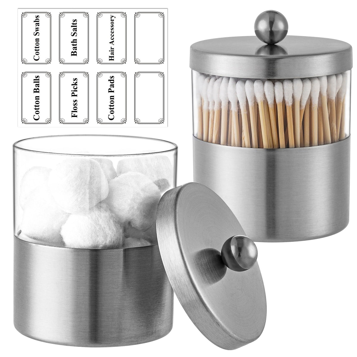 Gaussra Apothecary Jars, Qtip Holder - Stainless Steel Bathroom Jar With Stickers - Farmhouse Decor Qtip Dispenser For Qtips, Co