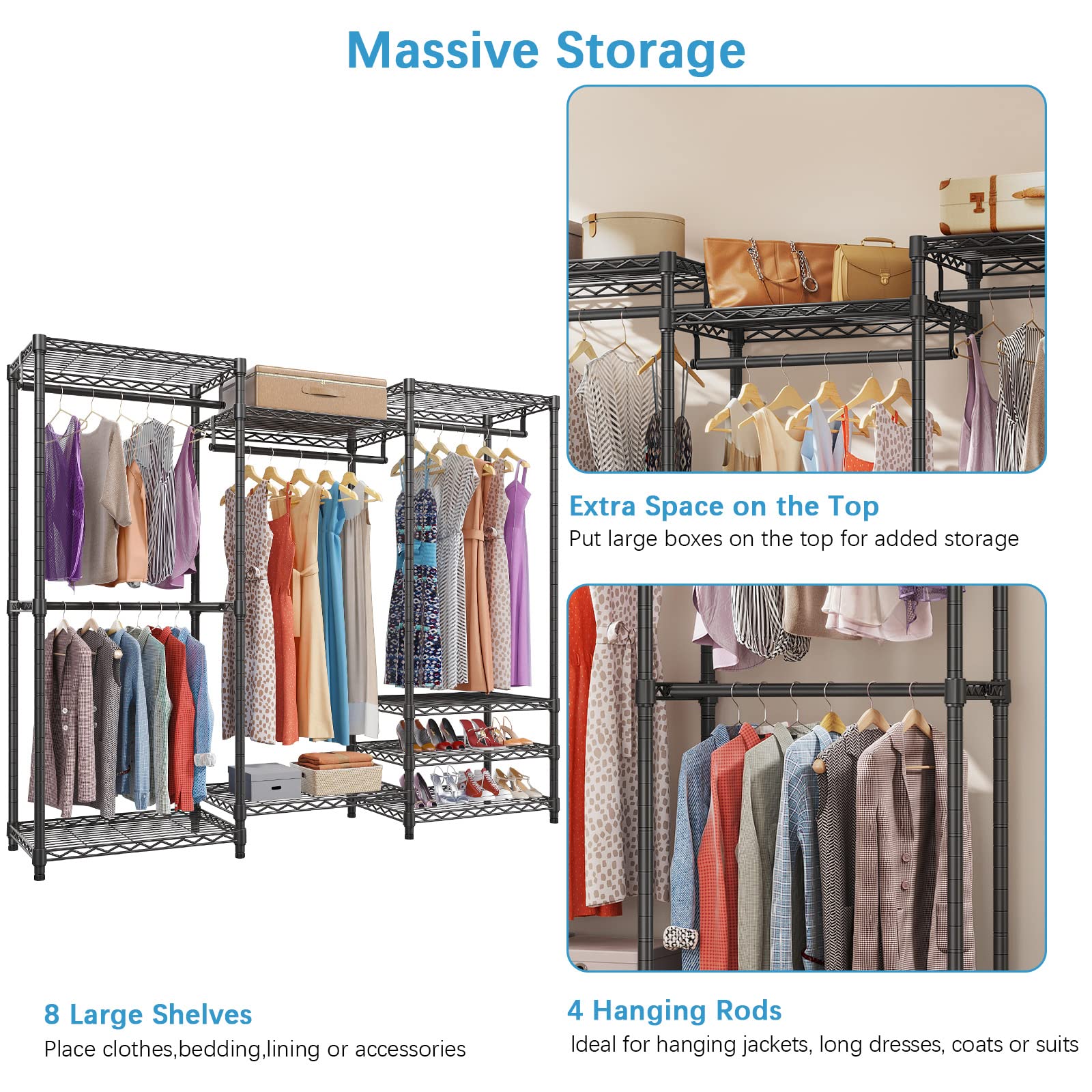 Vipek V5C Heavy Duty Covered Clothes Rack Portable Bedroom Armoires Rack, Black Metal Clothing Rack With Black Cover, Adjustable