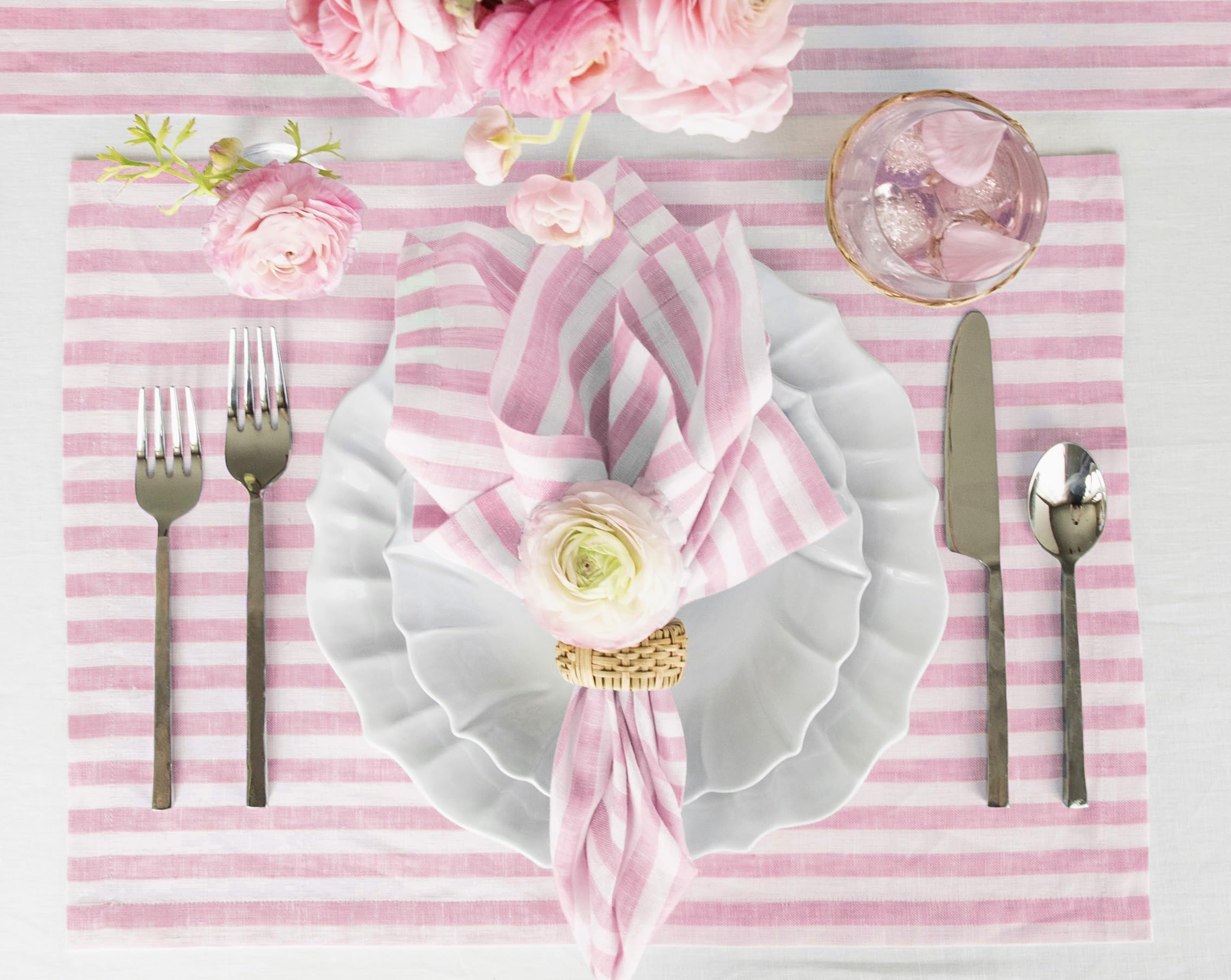 Solino Home Stripe Linen Napkins - 20 X 20 Inch Cloth Dinner, Set Of 4 100% Pure Linen Napkins Cherry Blossom And White - Amalfi