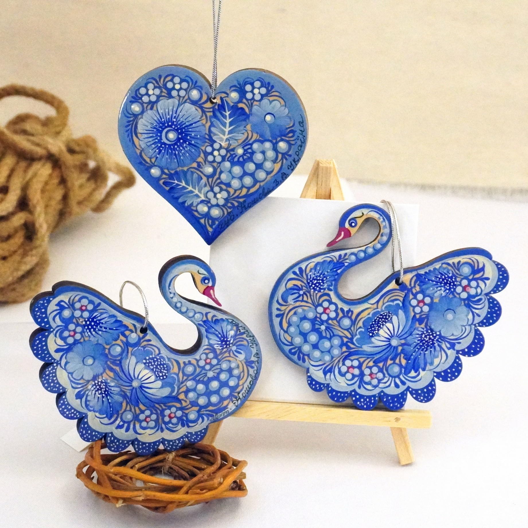 Christmas Swan Ornament Wooden Hand-Painted Ukrainian Petrykivka Folk Art Traditional Craft