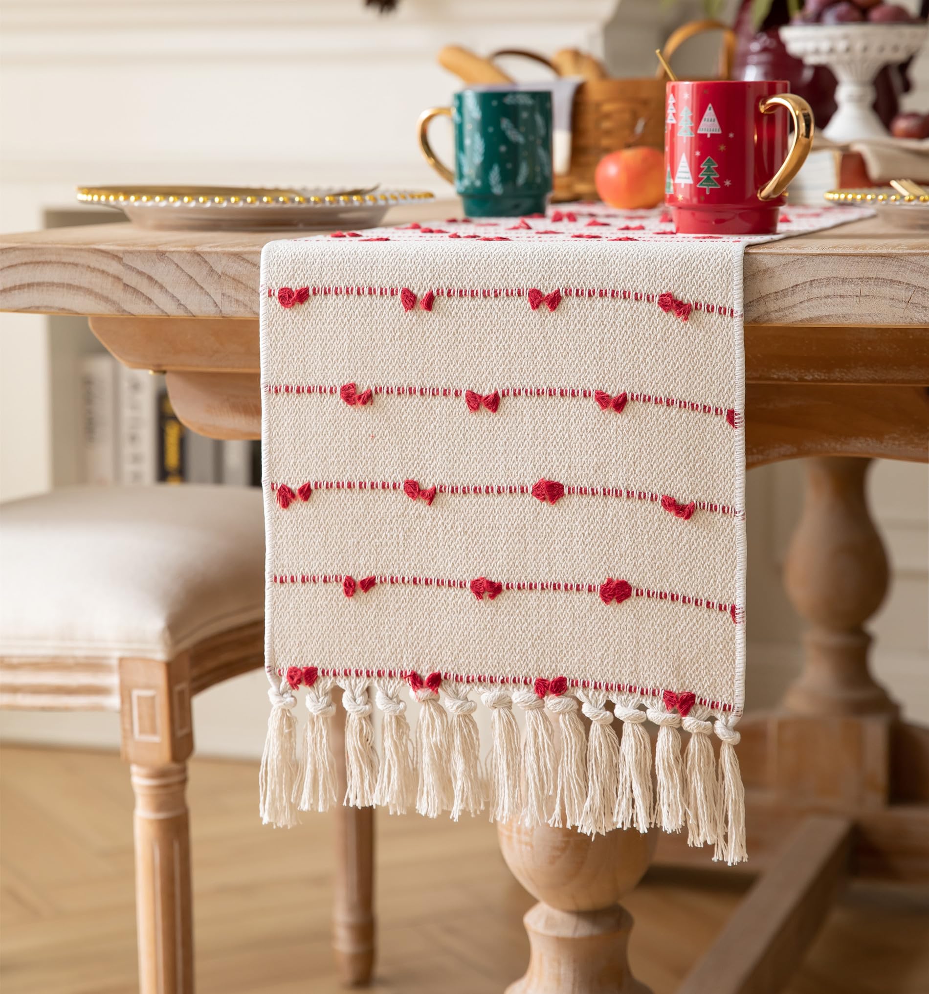 Caflife Christmas Table Runner 108 Inchs Long for Modern Farmhouse Room Home Christmas Decorations, Boho Red Table Runner, Natur