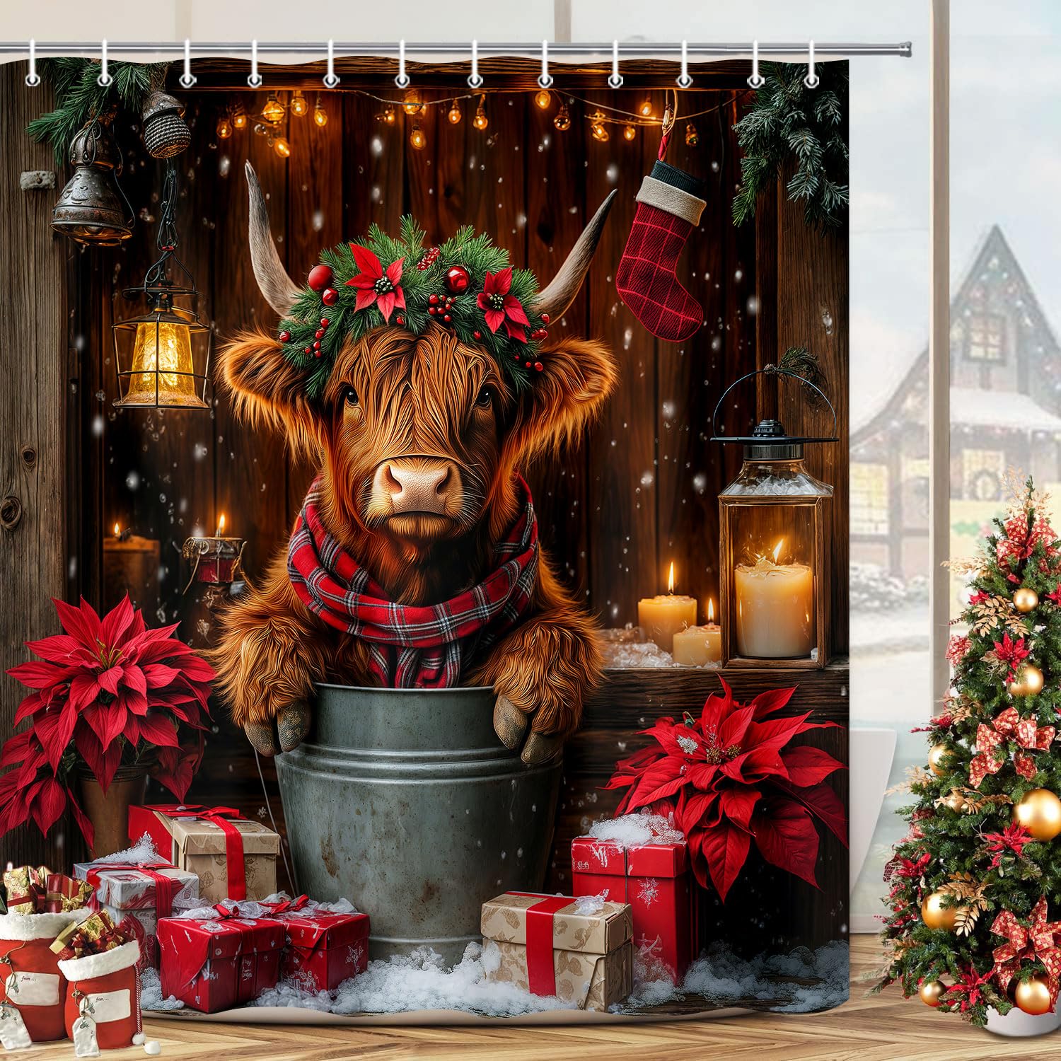 Jipusai Christmas Highland Cow Shower Curtain, Winter Funny Cow Rustic Western Farmhouse Brown Wood Board Shower Curtain Set Bat